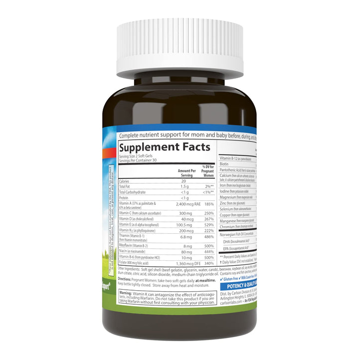 Carlson - Prenatal, Multiple with DHA & Vitamin D3, Pregnancy Health, Fetal Development & Immune Support, 60 Softgels