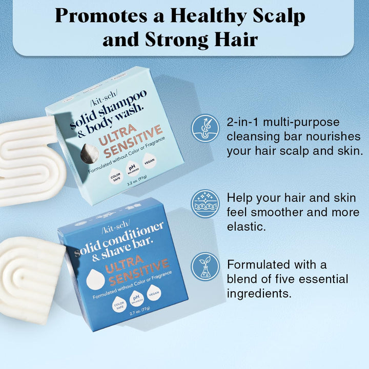 Kitsch 2-in-1 Ultra Sensitive Shampoo & Body Wash for Sensitive Scalp & Skin & 2-in-1 Conditioner & Shave Bar for Hair & Body, Made in US, Vegan Soap Bar, Scent Free & Paraben Free