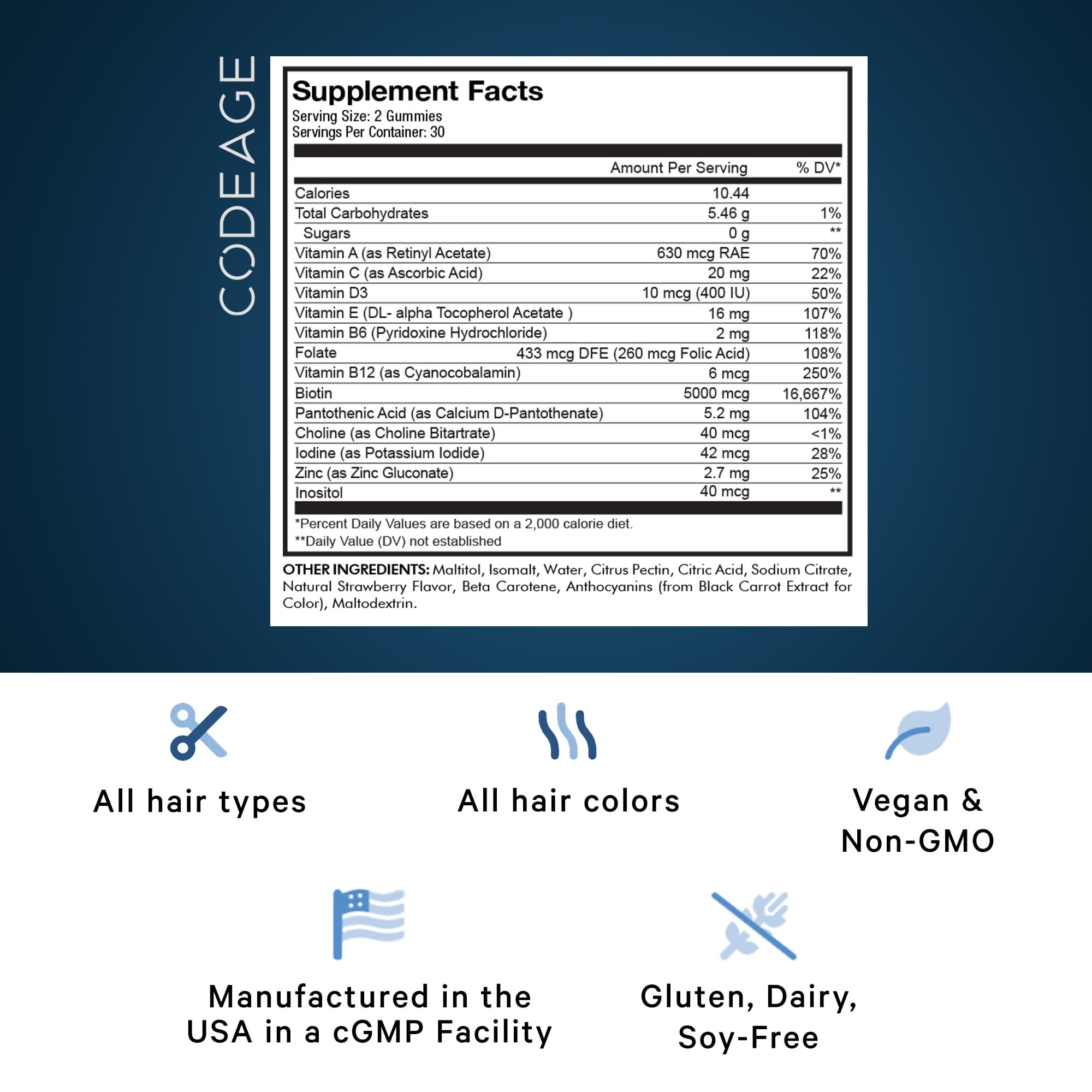 Codeage Hair Gummies, Biotin 5000 mcg, Sugar Free Growth Gummy Vitamins A, C, B6, B12, D3, Zinc, Inositol Supplement, Women & Men, Pantothenic Folic Acid, Nails, Skin, Strawberry Coconut Flavor, 60 ct