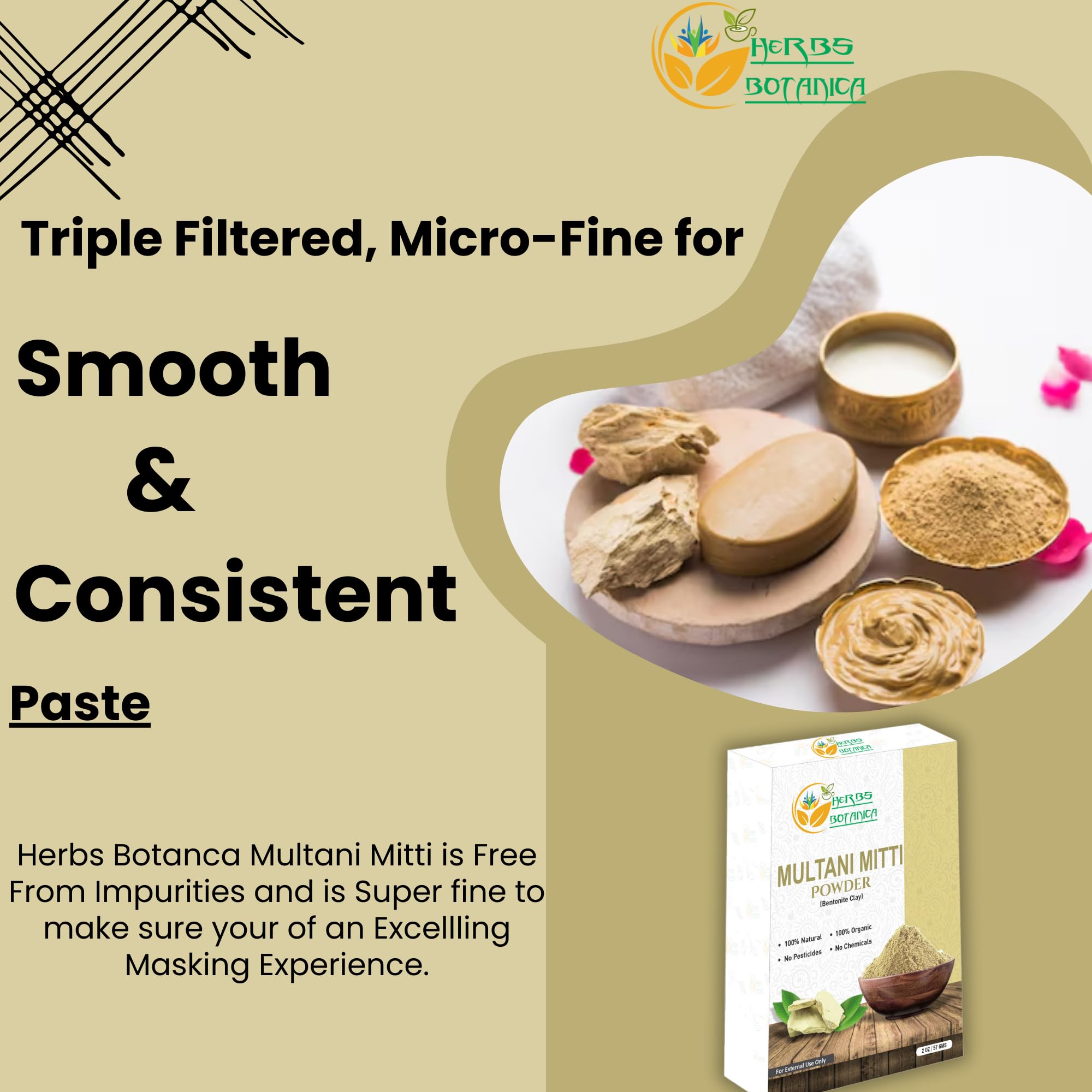 Herbs Botanica Multani Mitti Powder Earth Clay Mask 100% Pure Bentonite and Kaolin Clay for Skin Care, Indian Healing and Deep Cleansing – 2 oz Kaolin Clay Indian Deep Pure Grade Cleansing