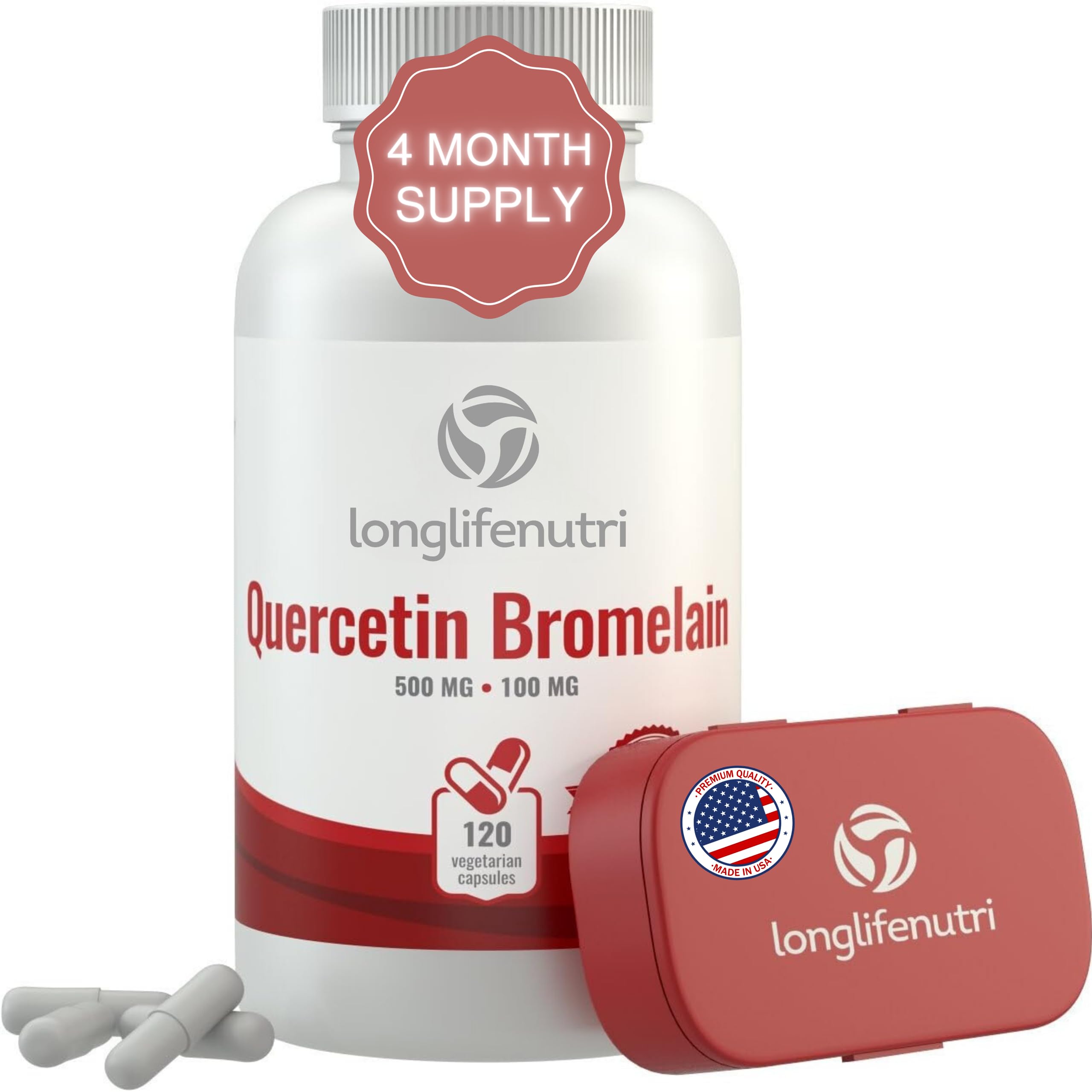Quercetin 500mg with Bromelain 100mg 120 Vegetarian Capsules | Natural Antioxidant Supplement | Relief Complex | Dihydrate Pure Powder Extract Cap 500 mg Plus