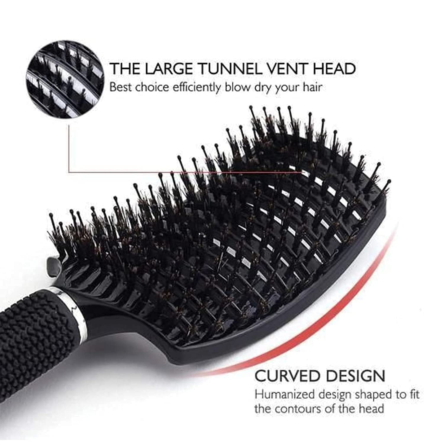 Performore Vented Boar Bristle Styling Hairstreaq Detangling Brush, Single White Brush Anti-Static Detangler, Wet or Dry Use, Fast Blow Drying, Use on Long or Short Hair. (2 Pack, White & Black)