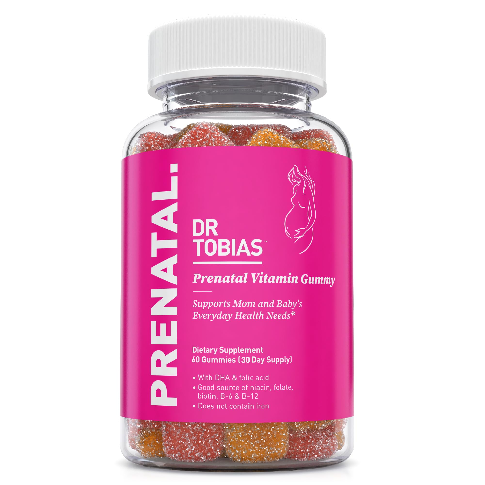 Dr. Tobias Prenatal Vitamin Gummy, Iron Free Prenatal Vitamins with DHA and Folic Acid, Niacin, Biotin, B6, & B12, Includes Fish Oil, for Pre & Postnatal Support, 60 Gummies, 30 Servings