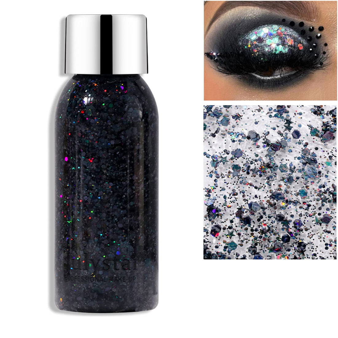 MEICOLY Black Body Glitter Face Glitter,Sparkling Chunky Glitter Hair Glitter,Halloween Face and Body Glitter,Intense Glitter Makeup Glitter Paint,Festival Body Glitter Gel for Women