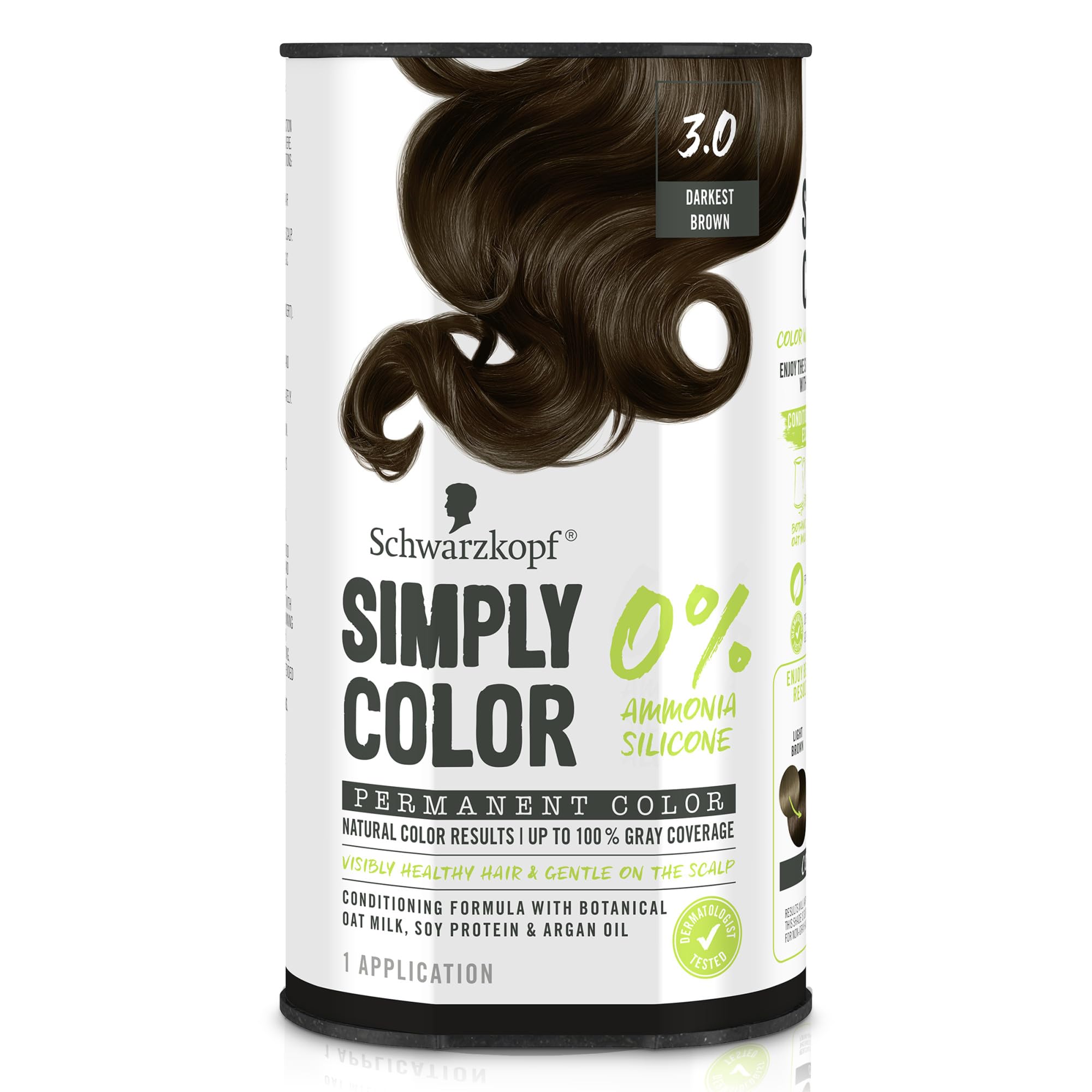 Schwarzkopf Simply Color Hair Color 3.0 Darkest Brown, 1 Application - Permanent Hair Dye for Healthy Looking Hair without Ammonia or Silicone, Dermatologist Tested, No PPD & PTD