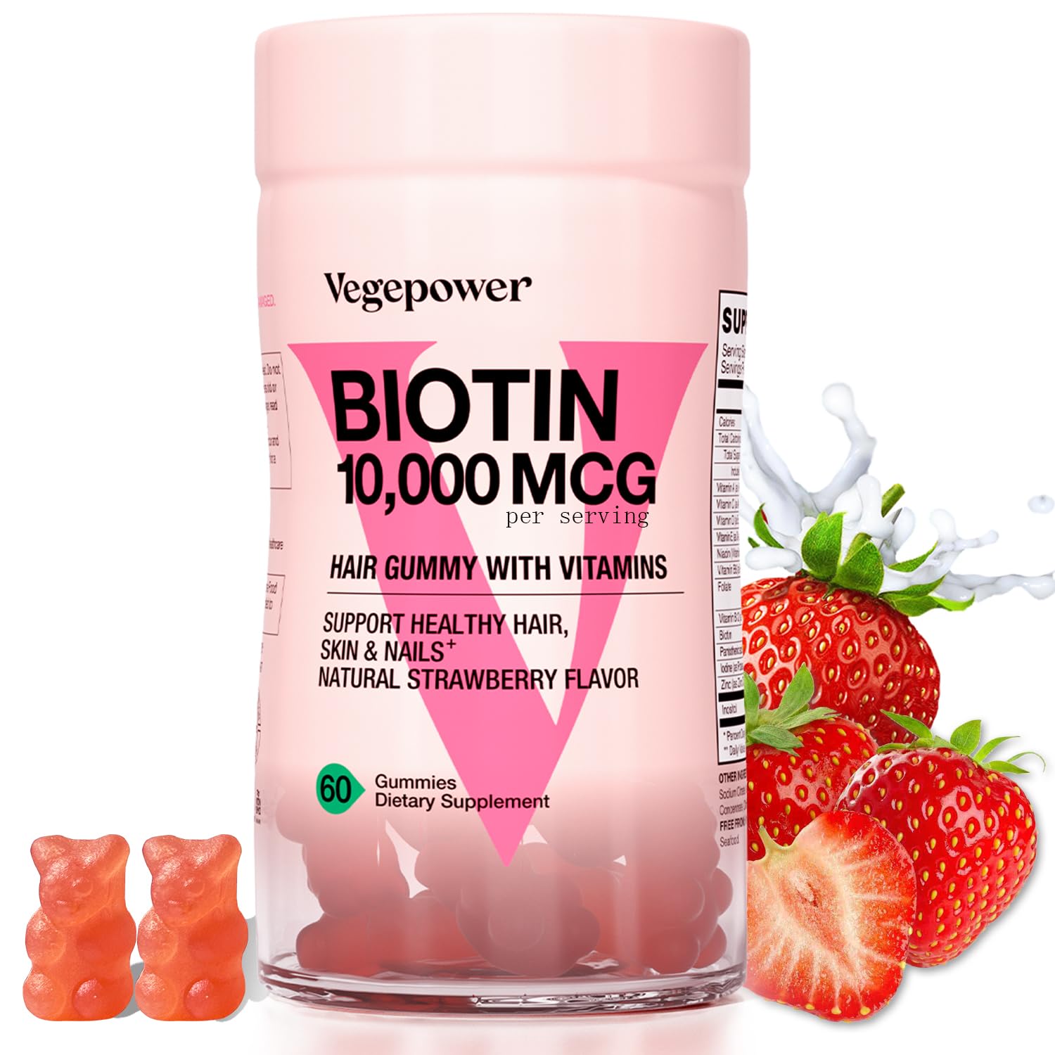 Hair Growth Gummies with Biotin 10,000mcg - Vegan Hair Vitamins Gummy for Yor Healthy Hair, Skin & Nails, Added B-Complex, Vitamin D, Vitamin A & Zinc - Hair Supplement for Women Men (60, Strawberry)