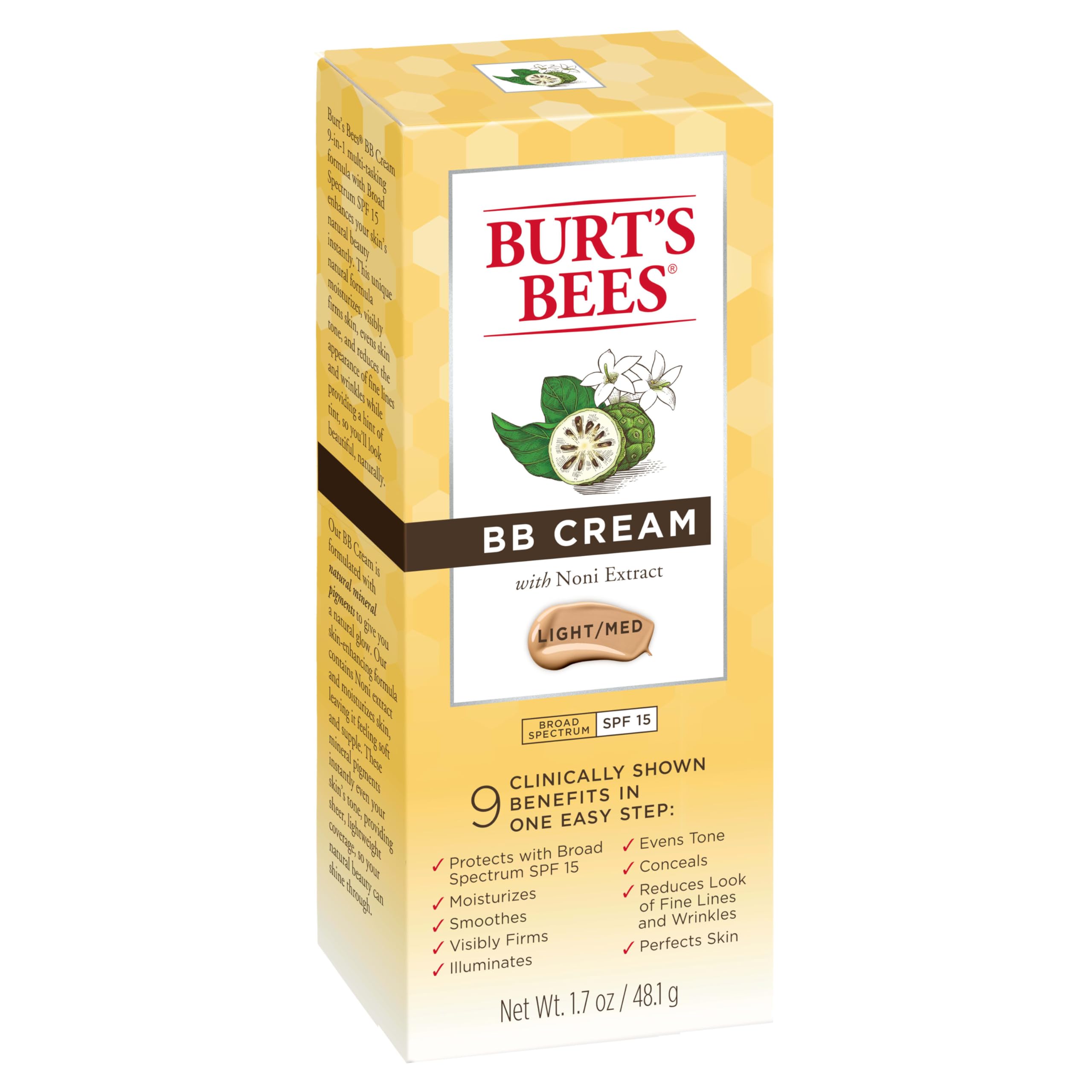 Burt's Bees BB Cream With SPF 15, Broad-Spectrum Sunscreen Tinted Lotion for All Skin Types, 98.9 Percent Natural Origin Skin Care, Light to Medium, 1.7 oz. Tube