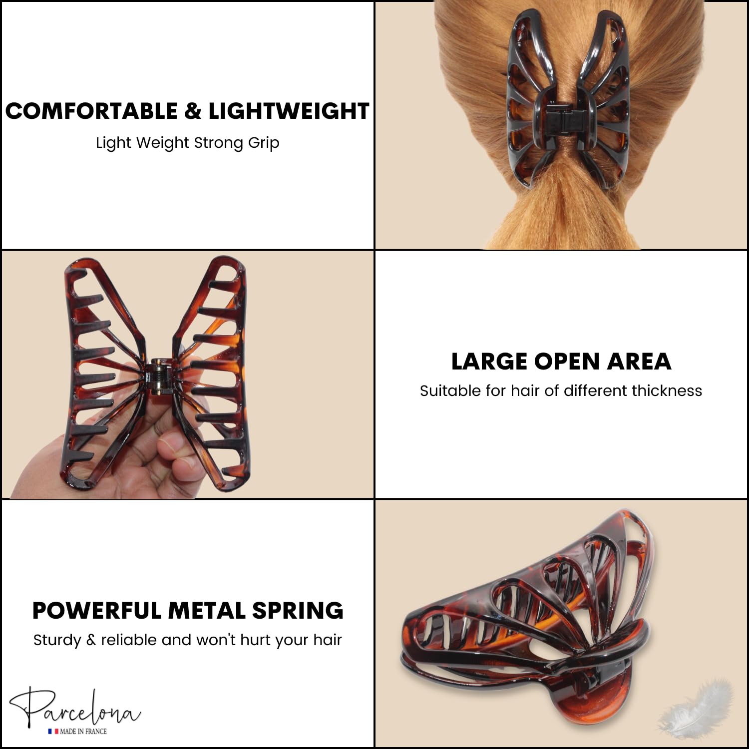 Parcelona French Rain Drop Large Celluloid Shell Claw Jaw Hair Clip with Covered Spring - 4 Inches