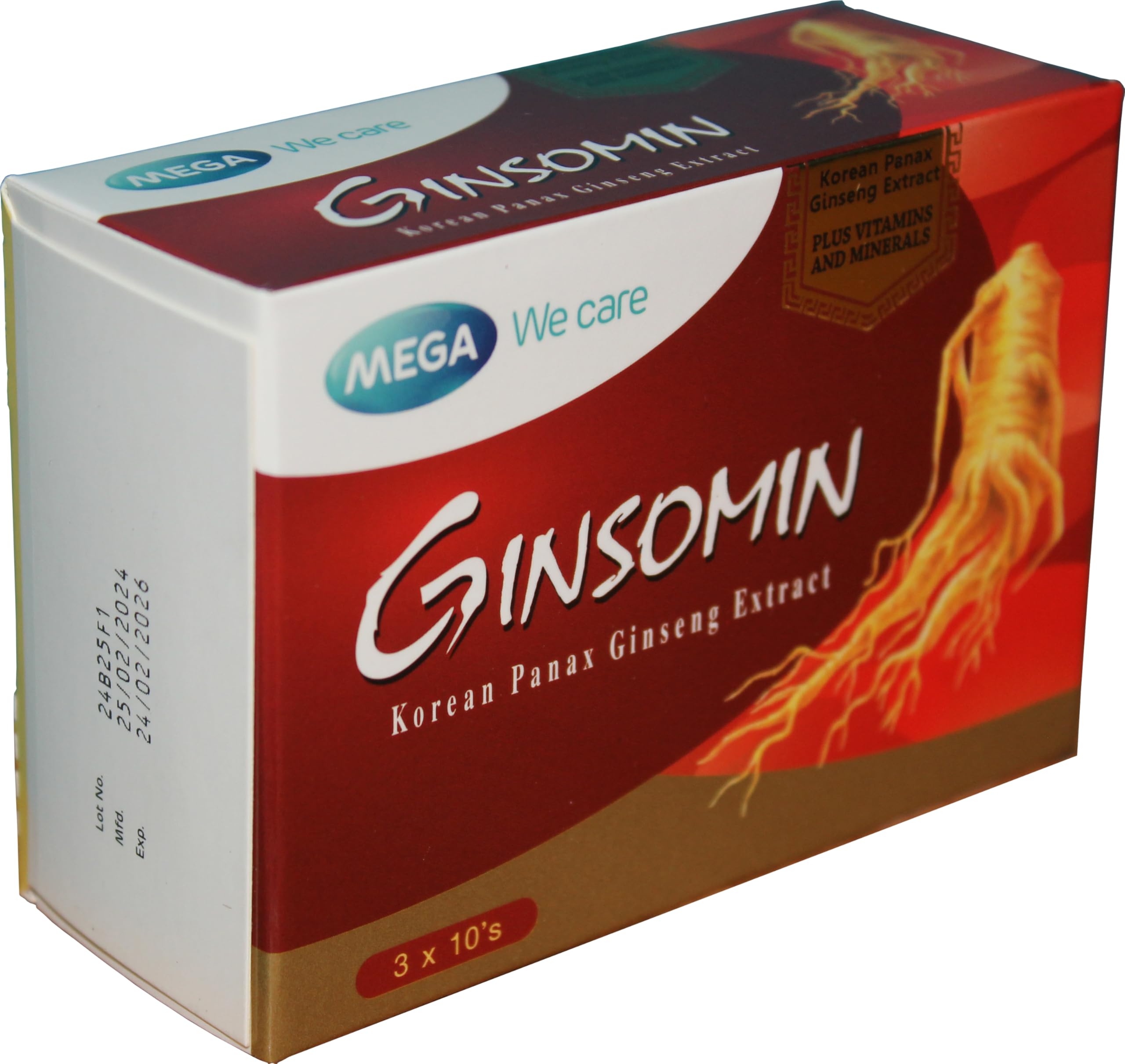 GINSOMIN Korean Panax Ginseng Extract Plus Multivitamin and Minerals, 3 x 10 Capsules (30 Capsules)