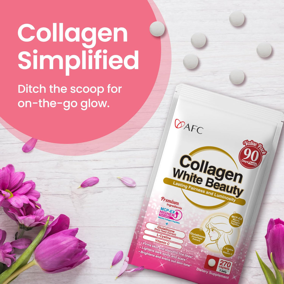 AFC Japan Collagen White Beauty with Marine Collagen Peptide, Glutathione, L-Cystine - 1.5X Better Absorption Than Other Collagen – for Skin Firmness & Whitening– 90 Days Supply's