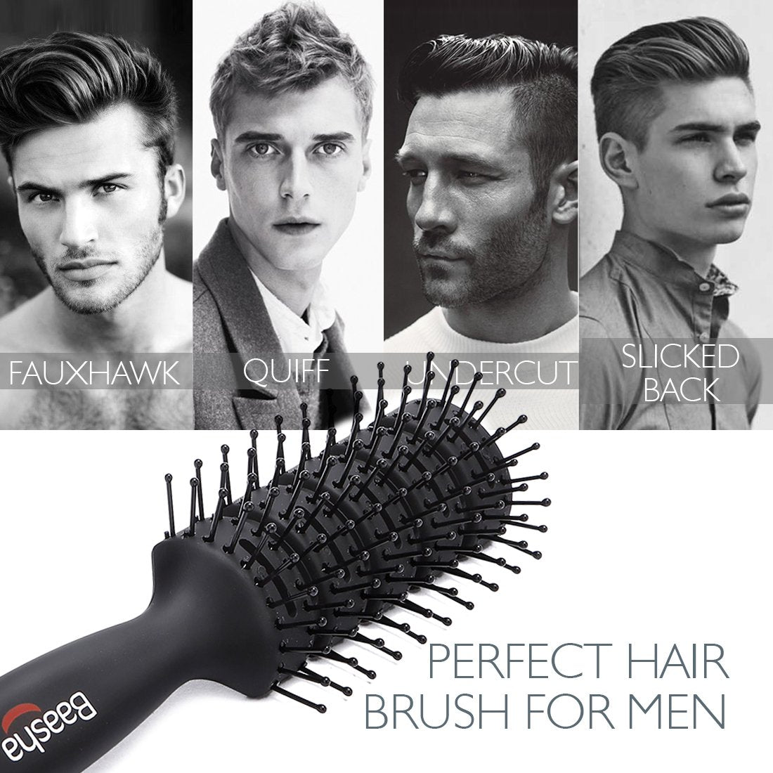 Baasha Hair Brush, Vented Brush for Blow Drying, Mens Short Hair Brush with Ball Tipped Bristles, Best for Wet or Dry Hair - Black