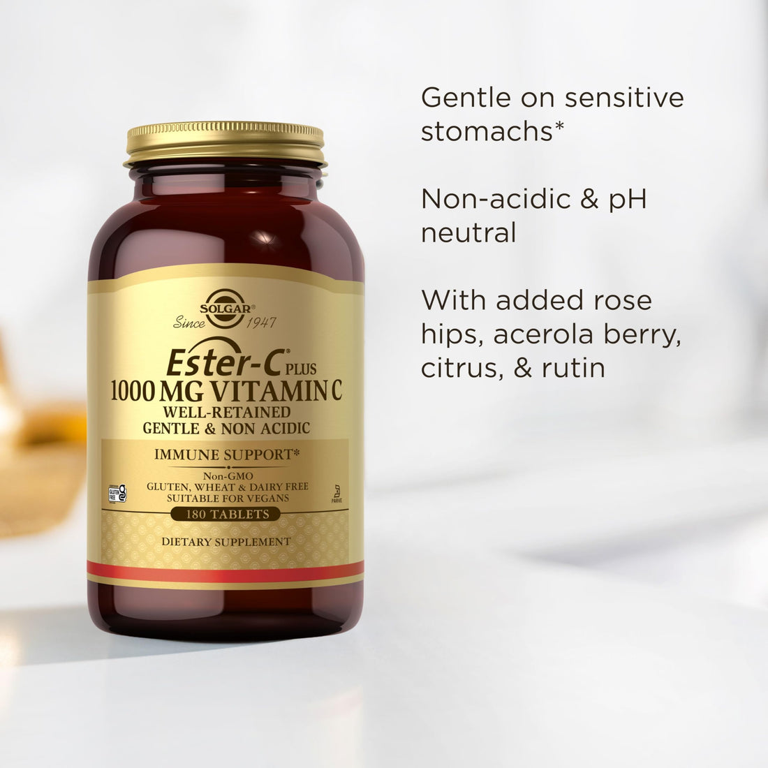 Solgar Ester-C Plus 1000 mg Vitamin C (Ascorbate Complex) - 180 Tablets - Gentle & Non Acidic - Supports Upper Respiratory Health - Non-GMO, Gluten-Free - 180 Servings