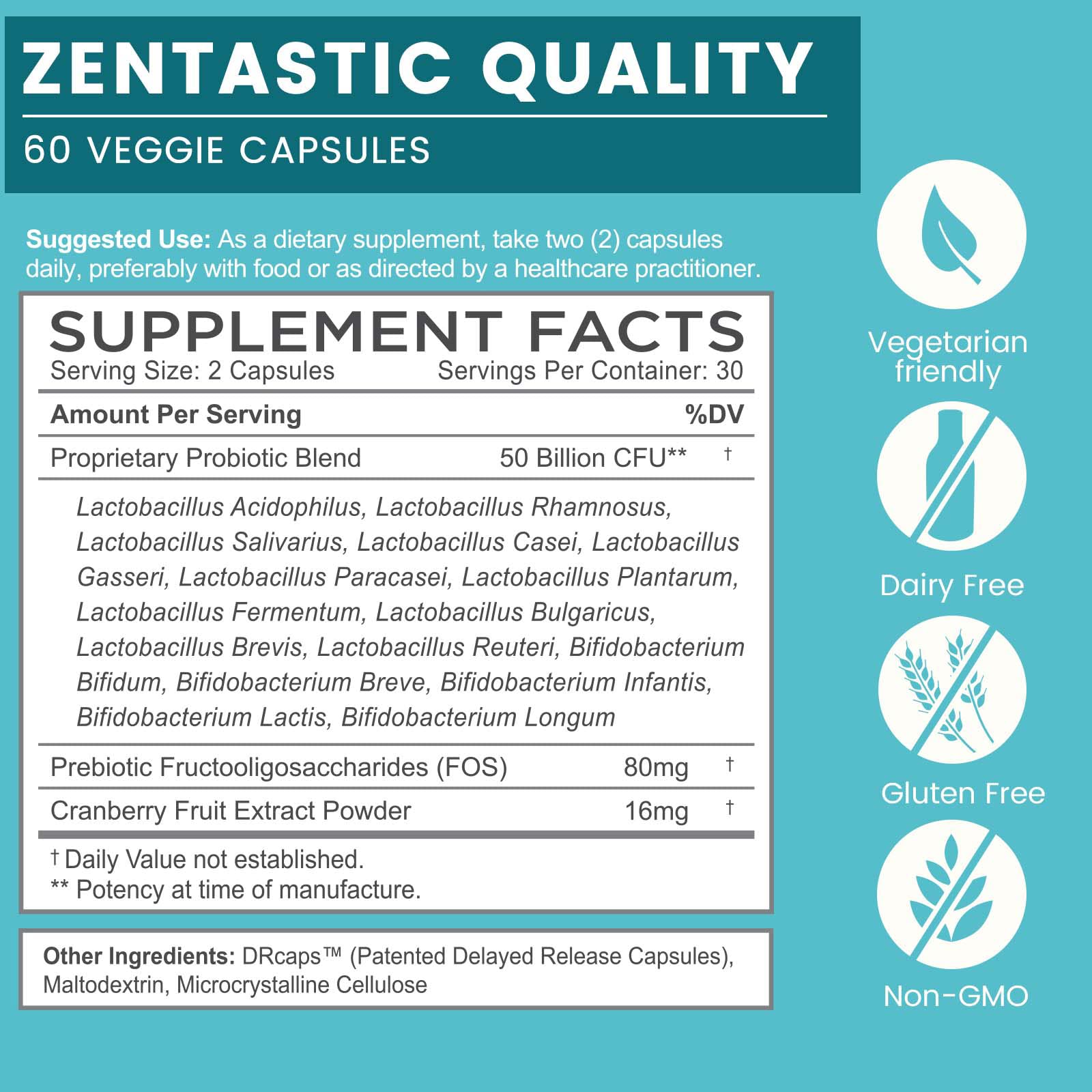 Zentastic Probiotics & Prebiotics Supplement - 50 Billion CFU - for Men & Women’s Immune & Digestive Health - 16 Strains - Shelf Stable - 300 Delayed Release Veggie Capsules