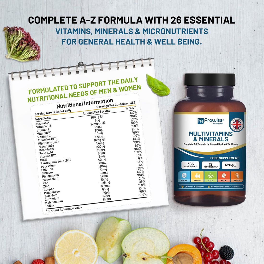 A-Z Multivitamins & Minerals I 365 Vegan Tablets (1 Year Supply) I 26 Essential Active Vitamins, Minerals & Micronutrients for Men and Women I Made in The UK by Prowise Healthcare