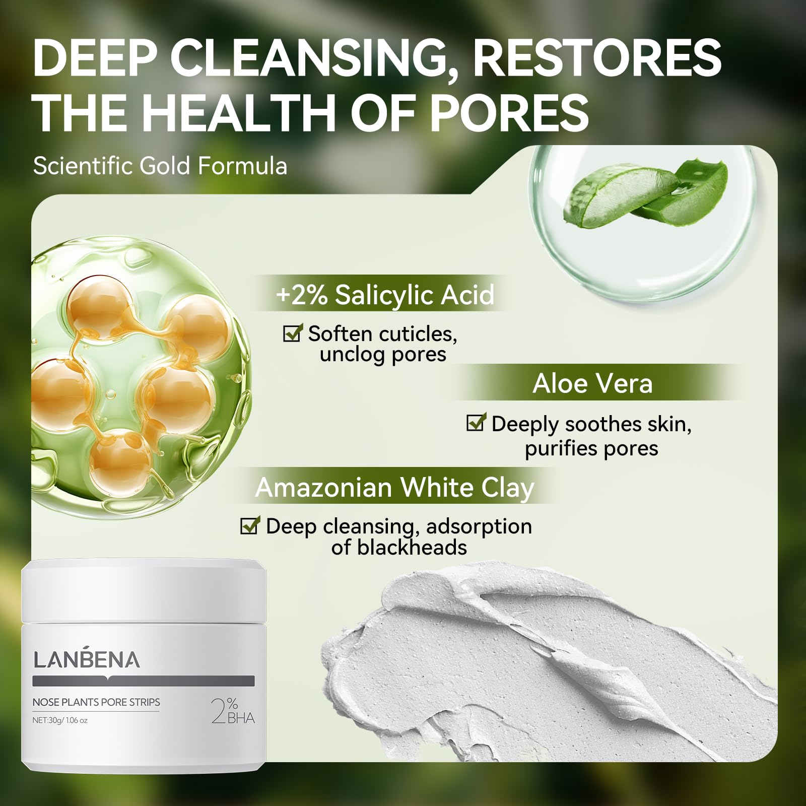 LANBENA 2 PCS Pore Strips, 2% BHA(Salicylic Acid) Nose Pore Strips 2.0 + Bamboo Charcoal Blackheads Remover Peel off Mask 3.0, Plants Pore Cleanser Purifying, added Amazonian White Clay, Oil Contro