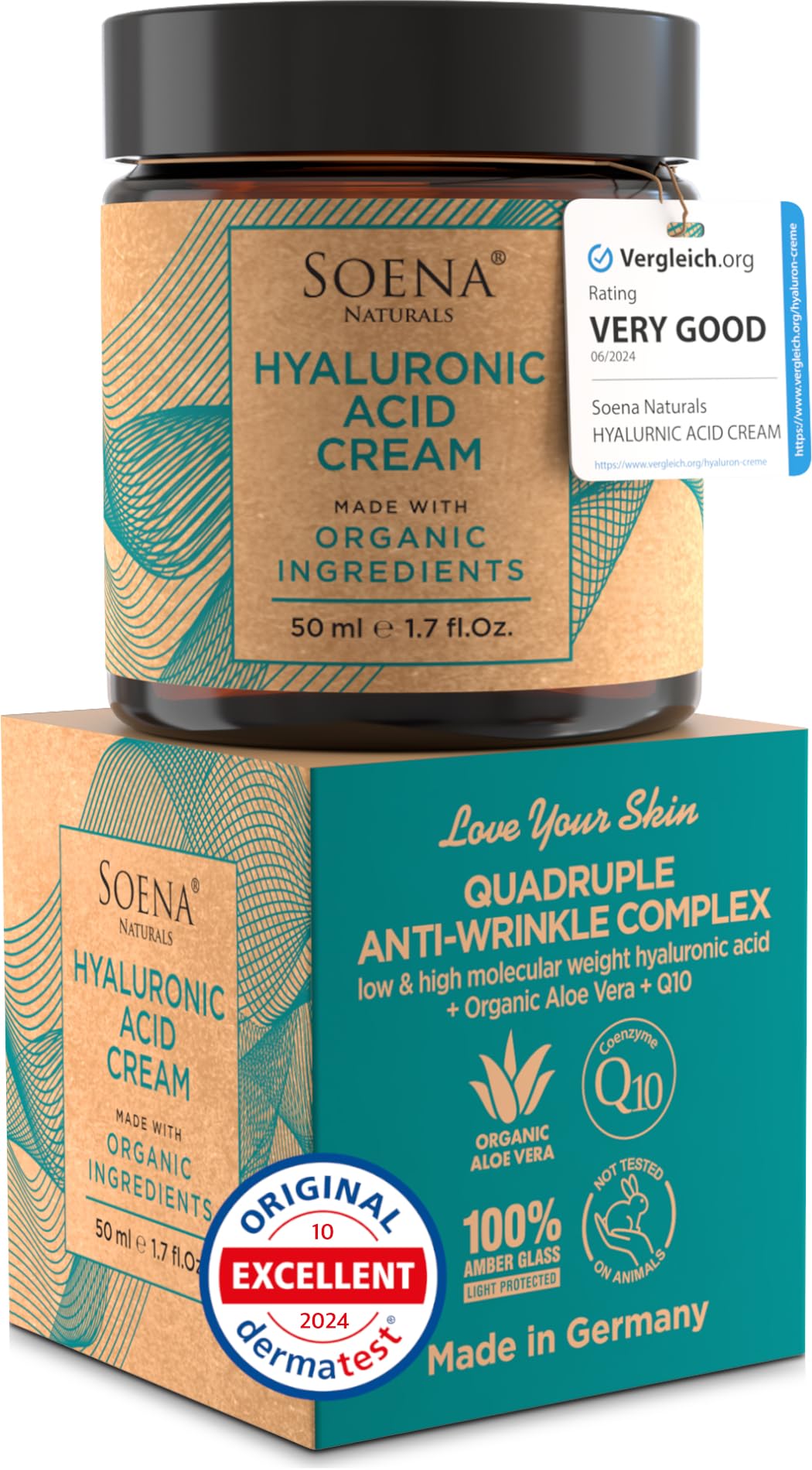 Soena Hyaluronic Acid Cream + Q10 - Quadruple Anti-Wrinkle Complex - Anti-Aging - Day & Night Cream - Highly Dosed Moisturizing Cream - For Face & Decollete