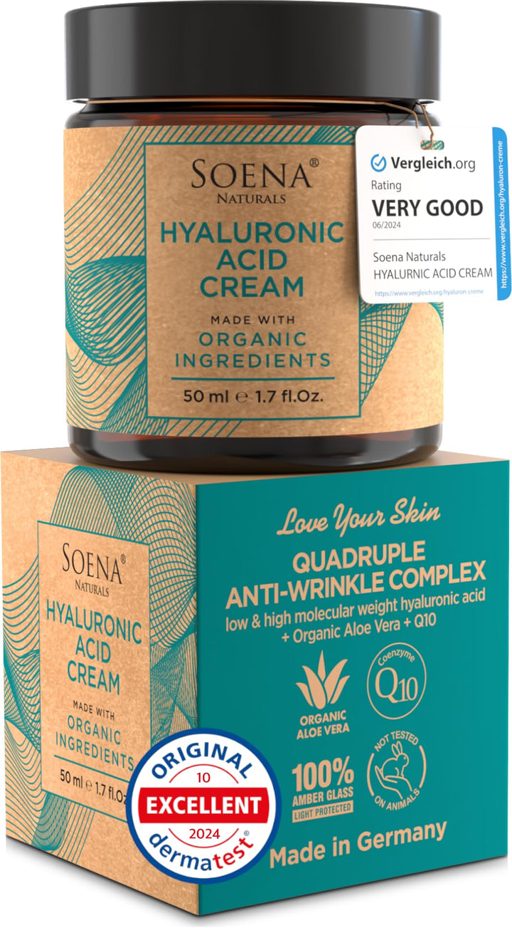 Soena Hyaluronic Acid Cream + Q10 - Quadruple Anti-Wrinkle Complex - Anti-Aging - Day & Night Cream - Highly Dosed Moisturizing Cream - For Face & Decollete