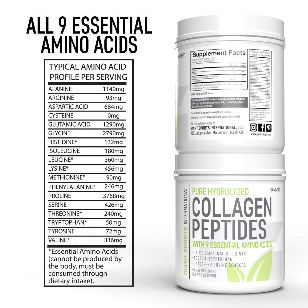 Giant Sports Collagen Peptide Powder - Hydrolyzed Complete All Essential Amino Acids with L-Tryptophan, Great for Skin, Hair, Nails, Bones, Joints - Grass Fed Pasture Raised Type 1 Type 3-1 LB