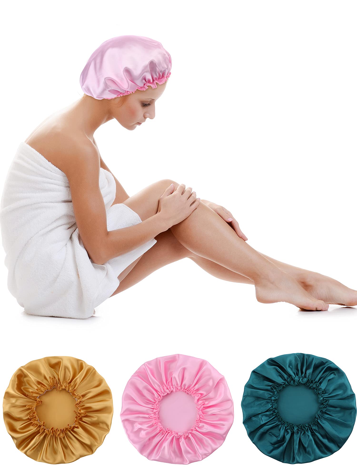 Blulu 3 Pieces Sleep Cap Satin Bonnet Night Head Cover Sleeping Soft Hair Turbans for Women and Girls (Gold pink peacock blue)