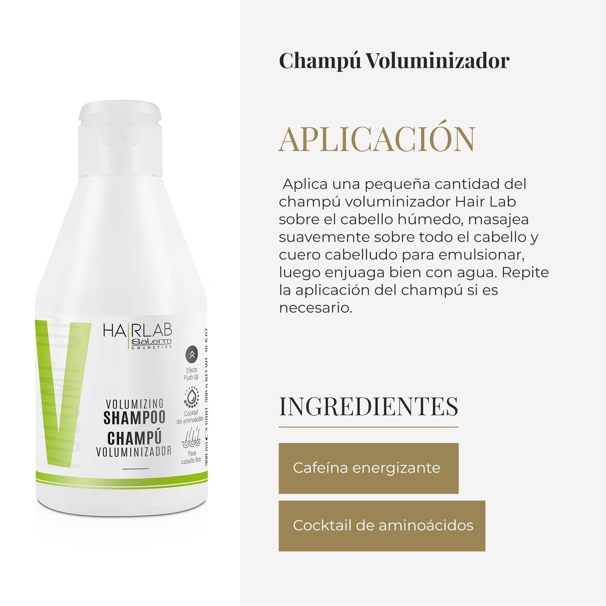 Salerm - Volume Shampoo - Hair Lab - 300 ml - With Energizing Caffeine - For Fine and Flat Hair - Adds Body and Texture to Hair - Gentle Cleanse - Paraben-Free
