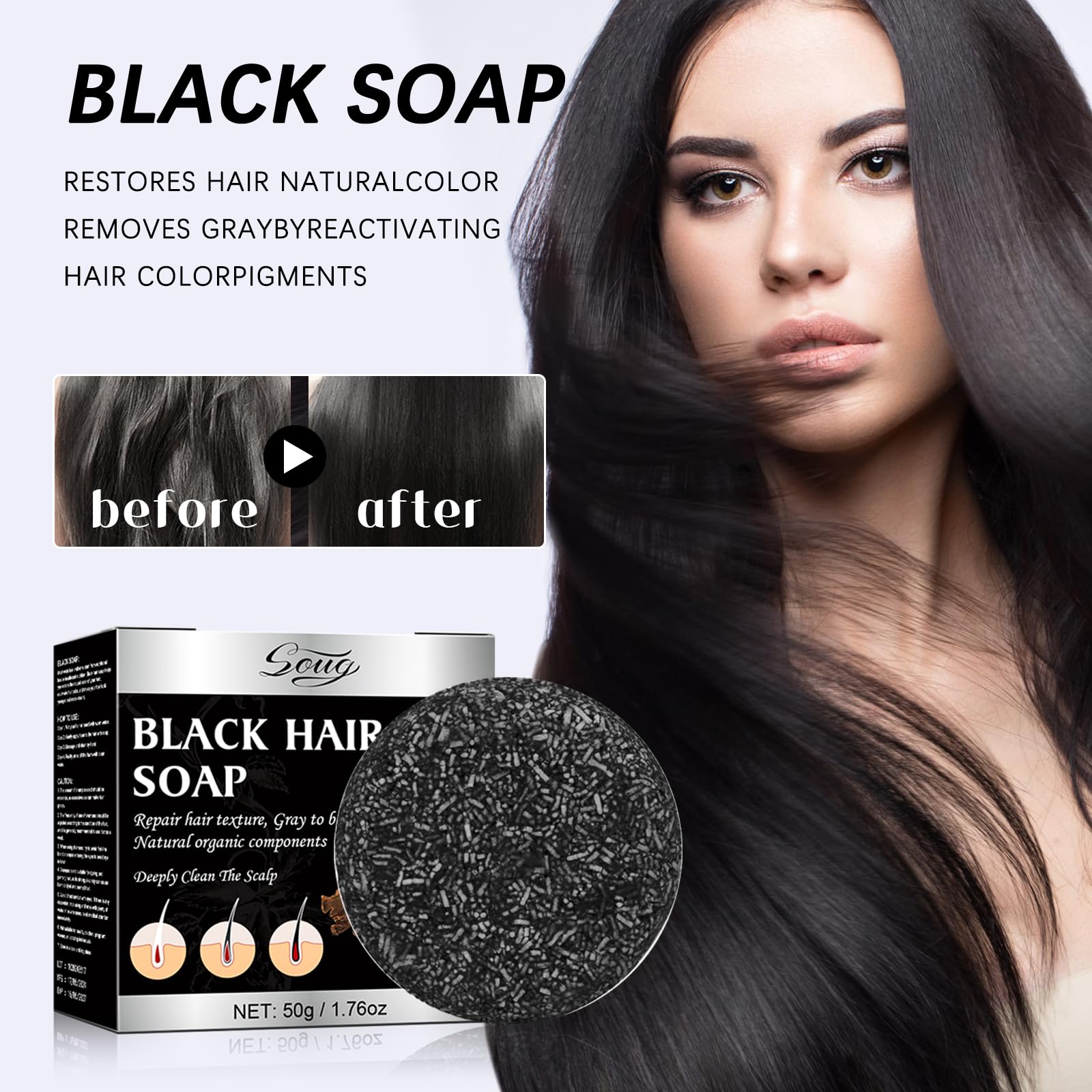 Gray Hair Reverse Shampoo Bar for Unisex, 2 PCS Grey Hair Darkening Soap for Deep Clean the Scalp, Grey Hair Shampoo Bar for Men & Women