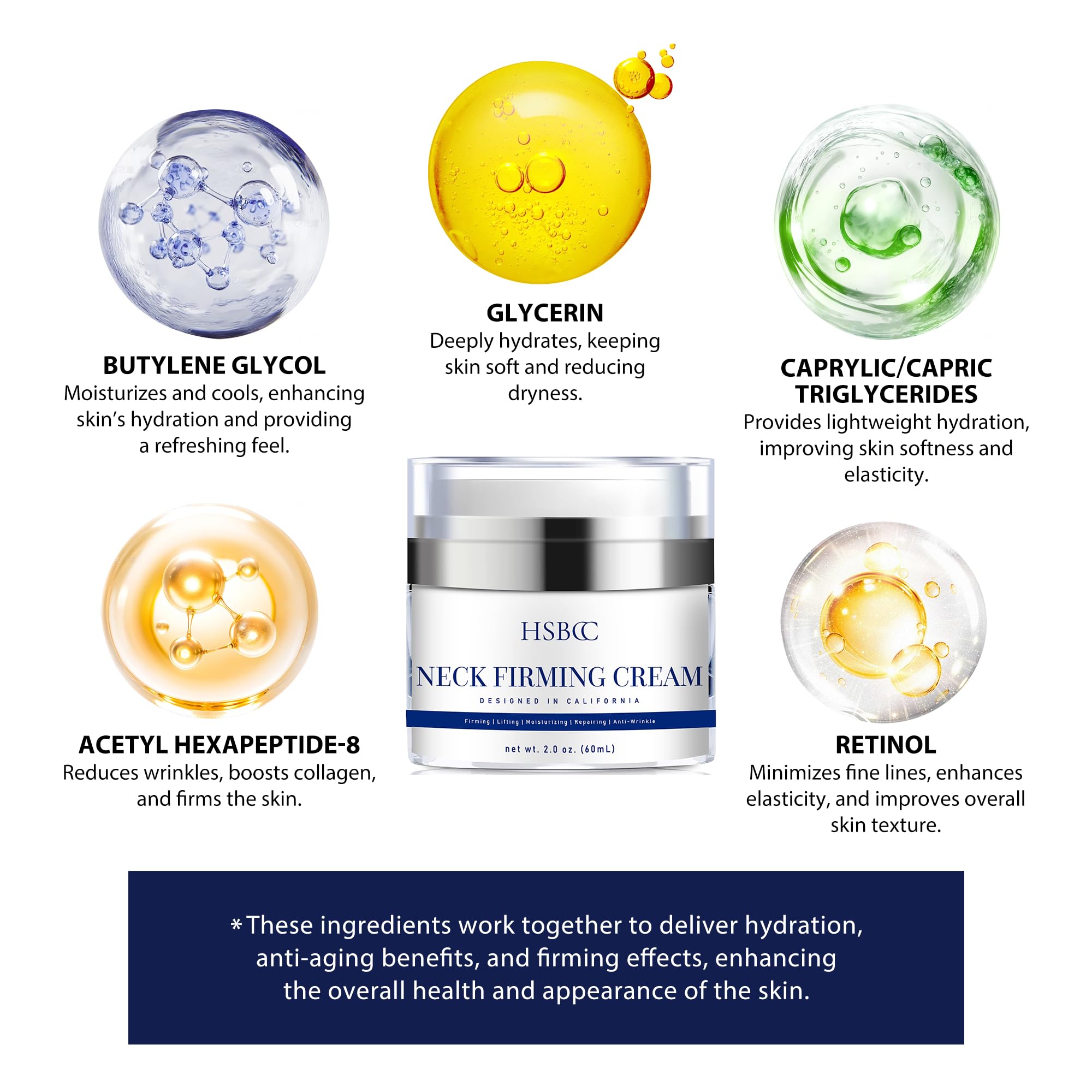 HSBCC Neck Cream for Tightening and Firming: Acetyl Hexapeptide-8 Retinol Shea Butter Niacinamide - Smoothes Wrinkles Skin Tighten and Lift Neck Cream (60ml)