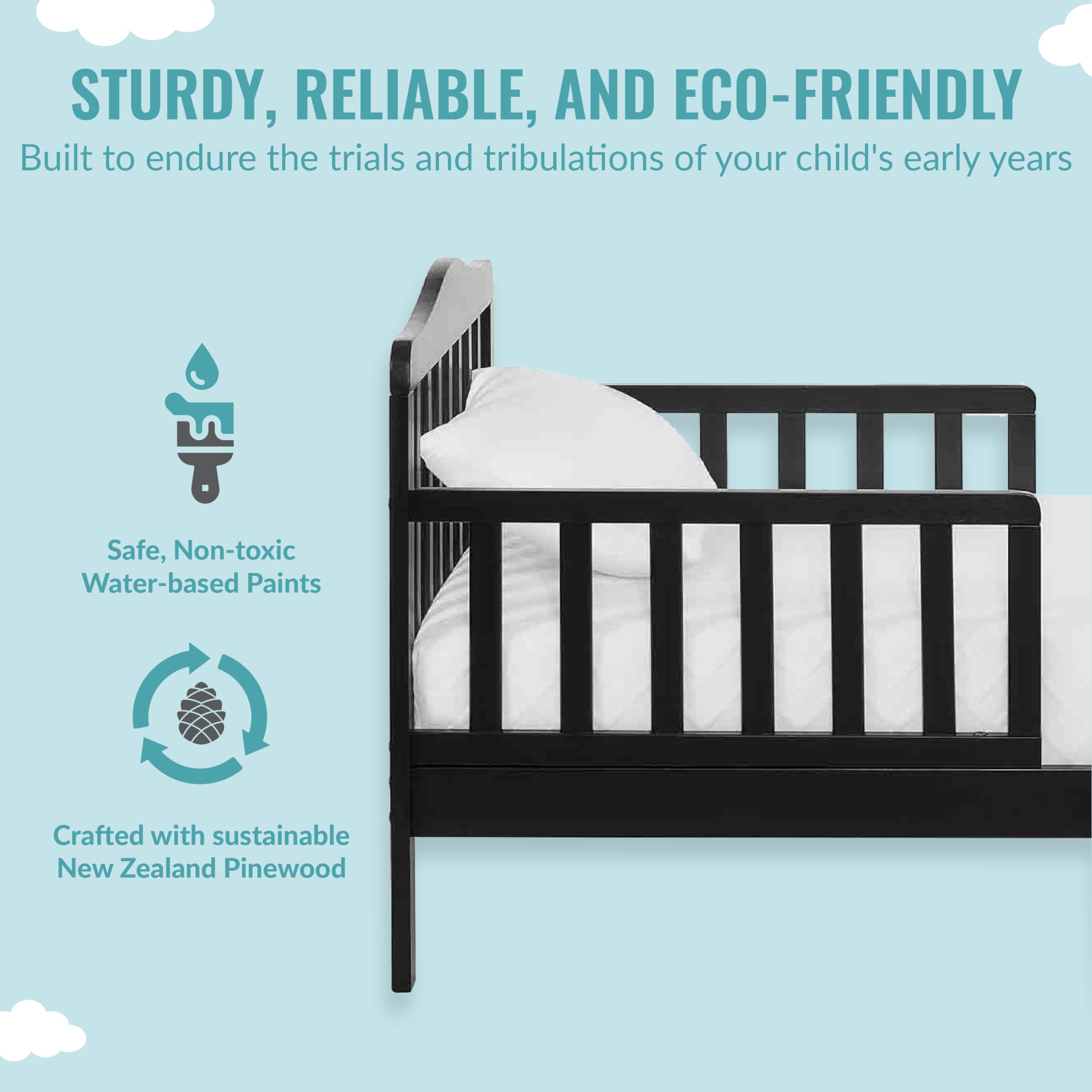 Dream On Me Classic Design Toddler Bed In Black, Greenguard Gold And JPMA Certified, Low To Floor Design, Two Side Safety rails, Non-Toxic Finishes, Wooden Nursery Furniture