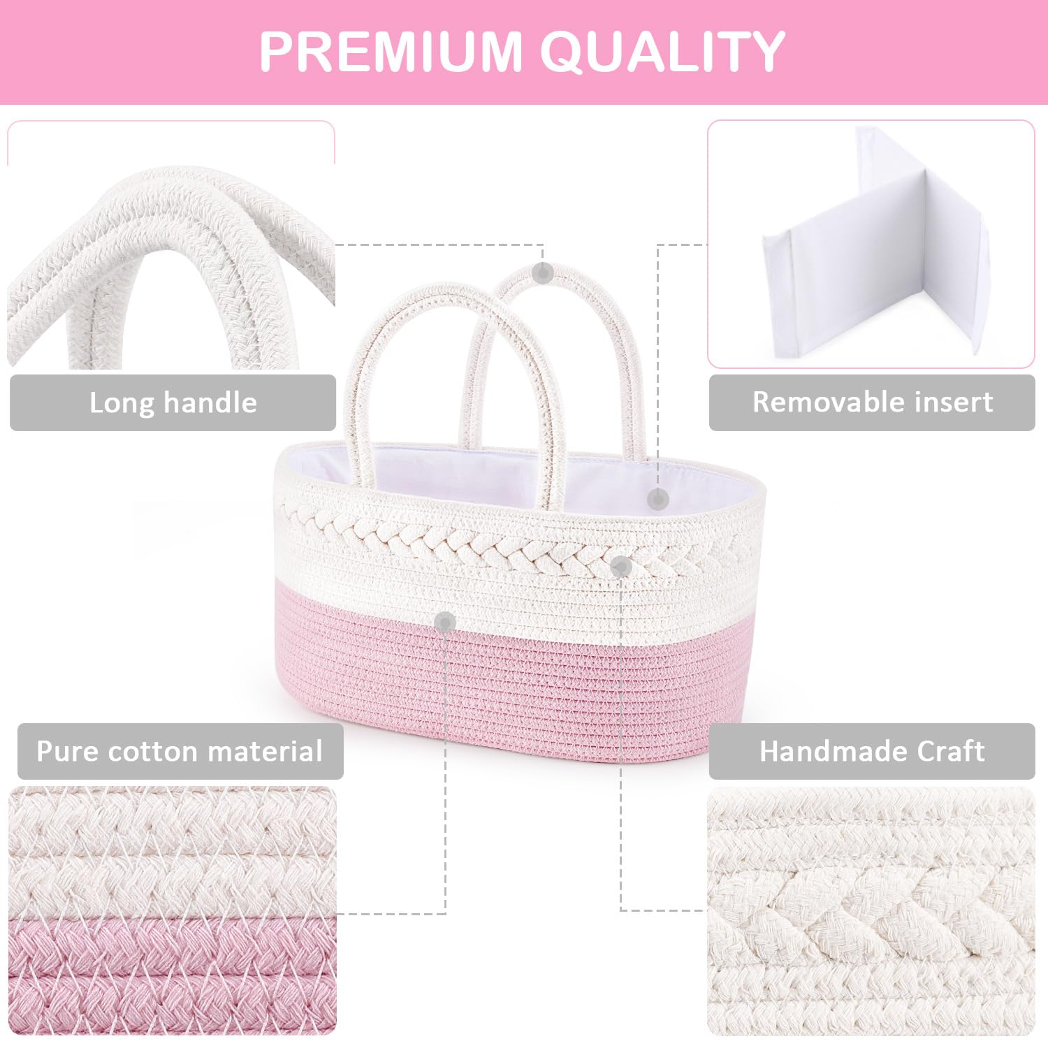 ABenkle Diaper Caddy Organizer - Cotton Rope Nursery Storage Basket for Baby Essentials, Boys & Girls Shower Gift, Changing Table Organizer, Pink