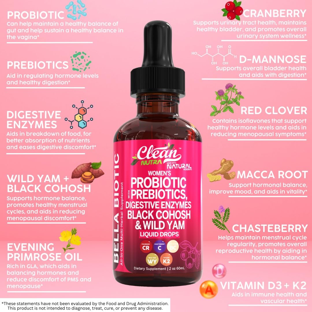 Liquid Probiotics for Women Drops with Chasteberry, Black Cohosh, Prebiotics, Digestive Enzymes, Evening Primrose Oil, Wild Yam, Cranberry Dmannose and Iron Vitamin D3 K2 Clean Nutra Bella Biotics