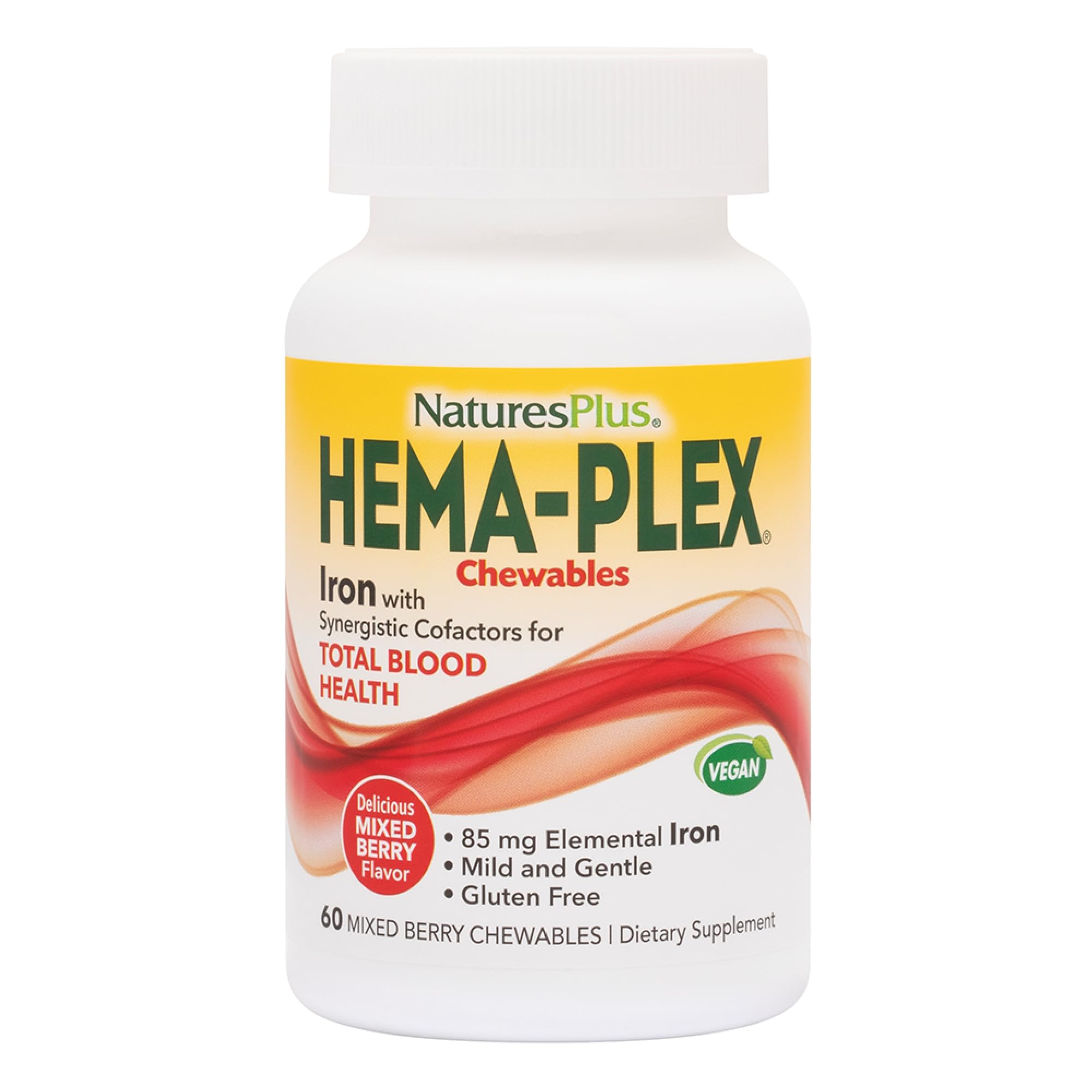 Natures Plus Hema-Plex Iron - 60 Mixed Berry Chewables - 85 mg Elemental Iron - Total Blood Health - with Vitamin C & Bioflavonoids - Vegan, Gluten Free - 20 Servings