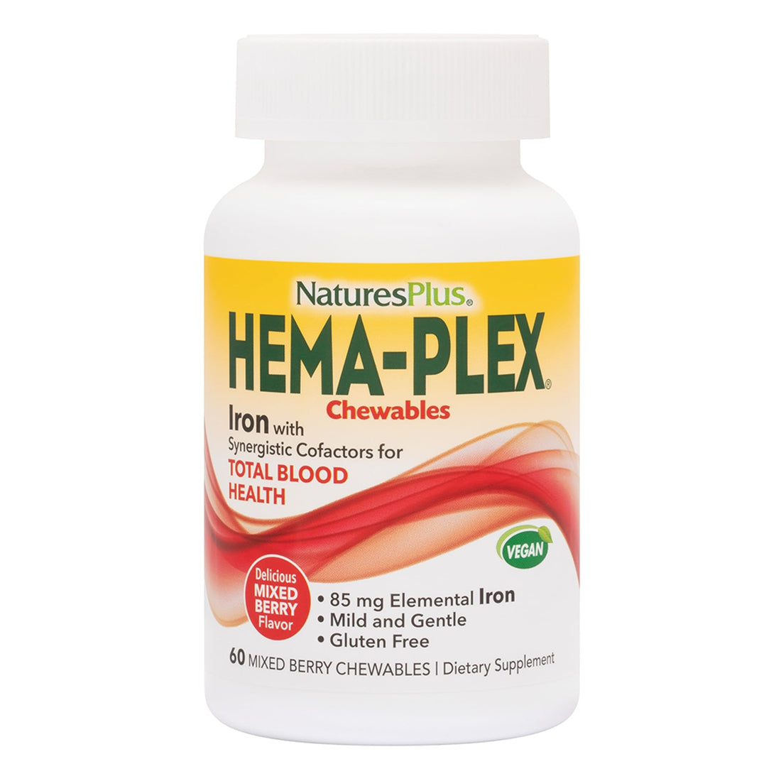 Natures Plus Hema-Plex Iron - 60 Mixed Berry Chewables - 85 mg Elemental Iron - Total Blood Health - with Vitamin C & Bioflavonoids - Vegan, Gluten Free - 20 Servings