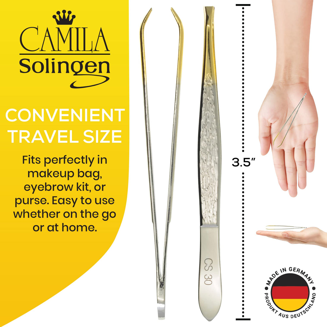 Camila Solingen CS30 3 1/2 Gold Tipped, Surgical Grade, German Stainless Steel Tweezers (Claw).