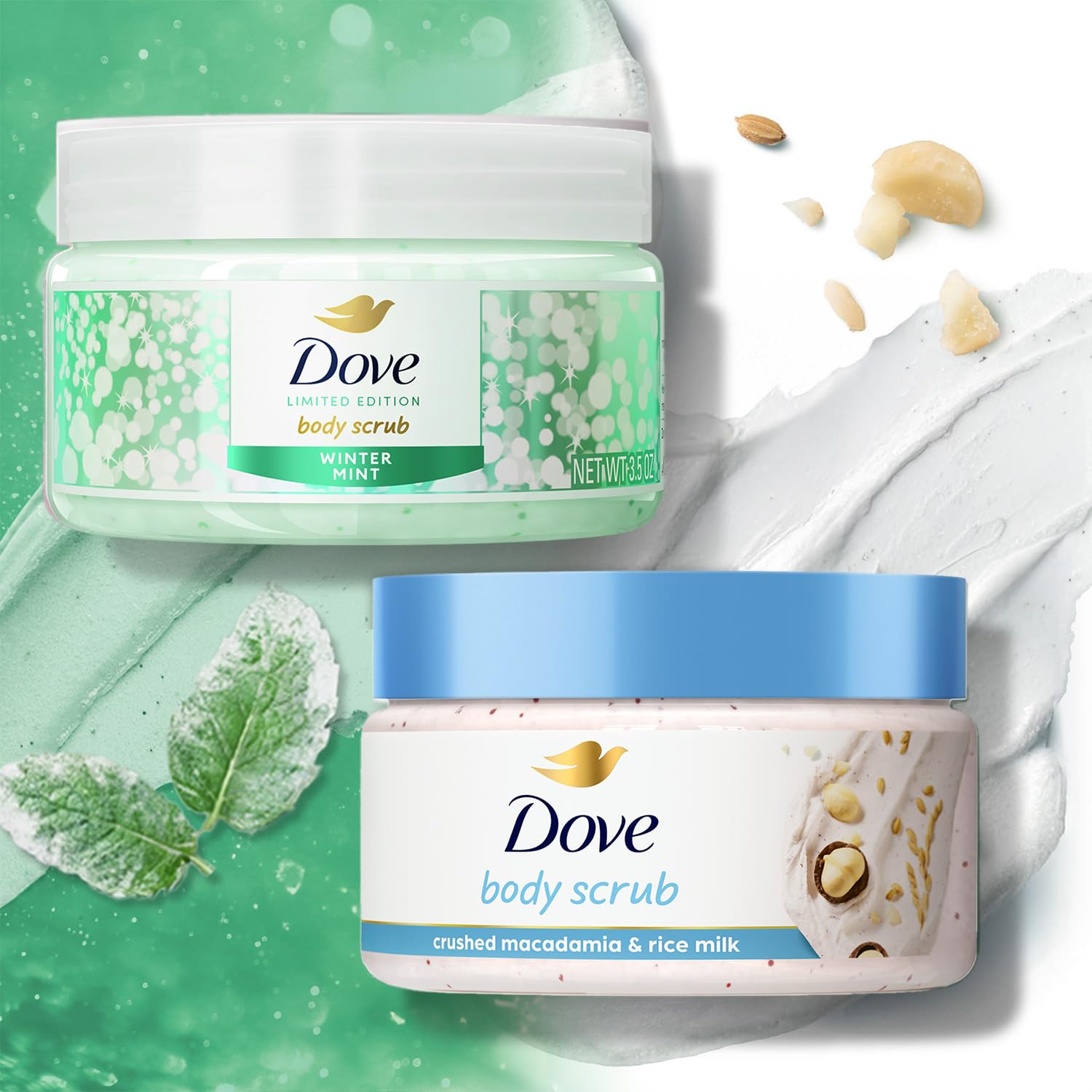 Dove Body Scrub Gift Set Variety 2-Pack – Exfoliating Winter Mint and Crushed Macadamia in Mini Jars, Gifts for Women, 3.5 Oz Ea