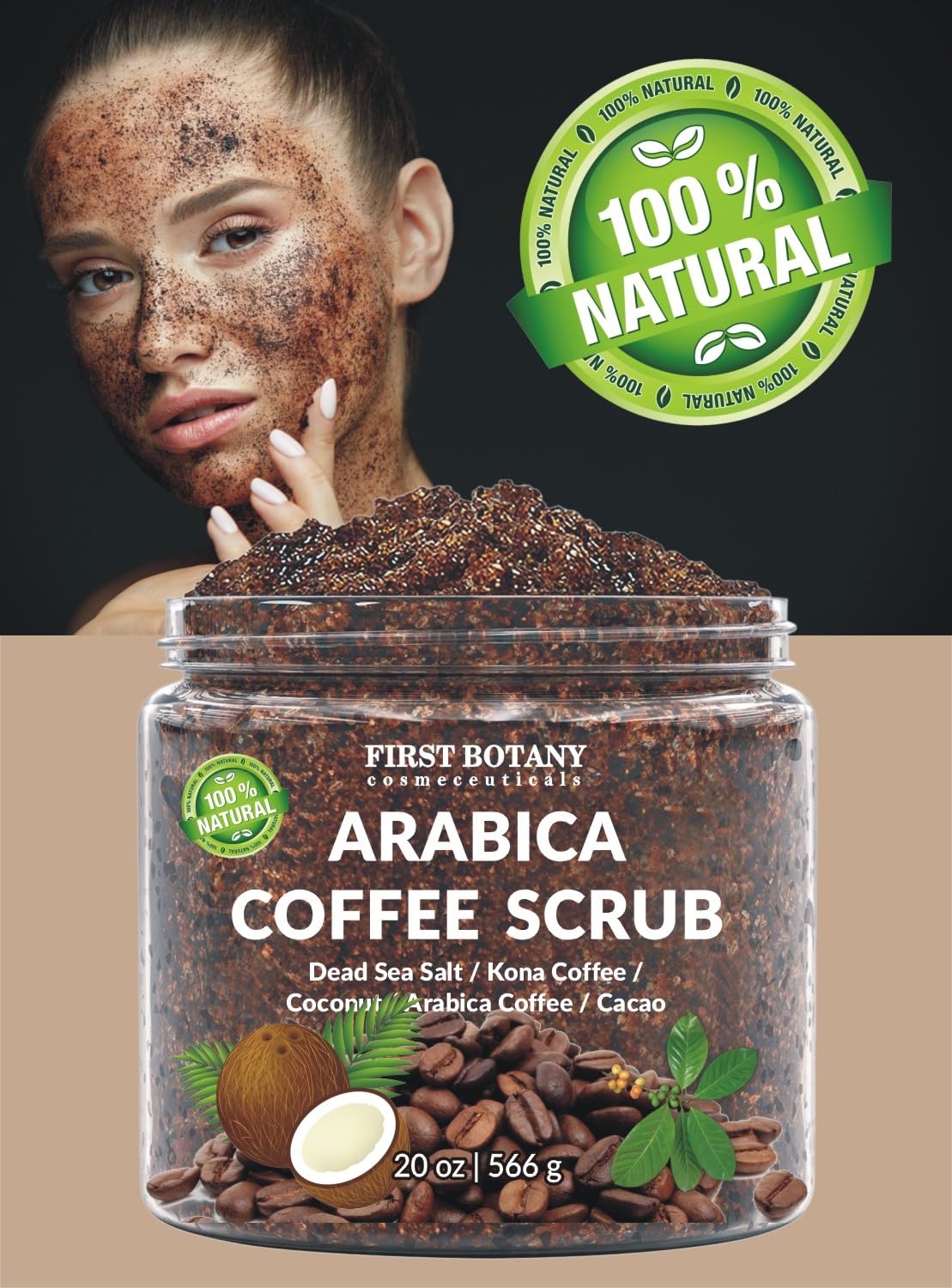 100% Natural Arabica Coffee Scrub with Organic Coffee, Coconut and Shea Butter - Acne, Anti Cellulite and Stretch Mark treatment, Spider Vein Therapy for Varicose Veins & Eczema (20 oz)
