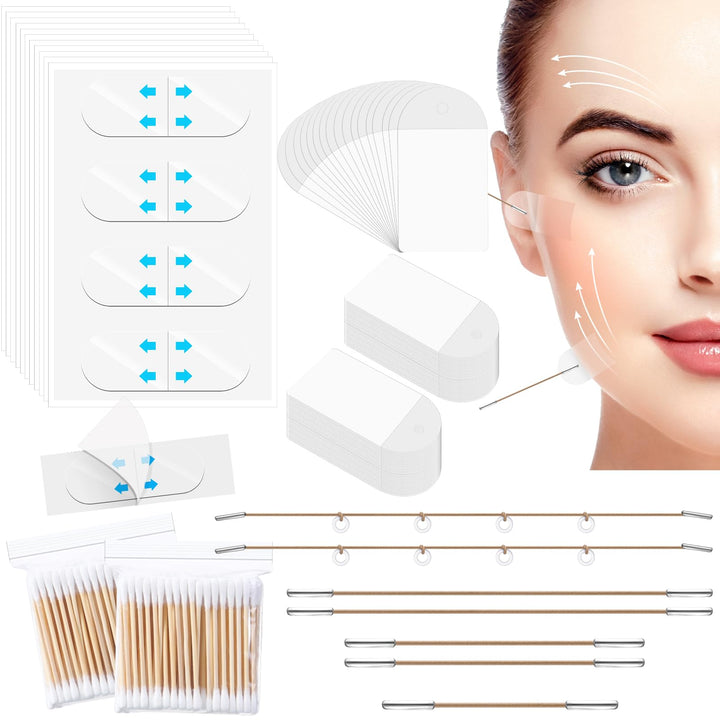 Siifert 260 Pcs Face Lift Tape, Face Lift Tape Invisible with 8 Pcs Lifting Cord Kit, Face Lifting Tape Patches for Lifting Facial Wrinkles Double Chin Neck Jowls Eyes, Comes with 200 Cleaning Swabs