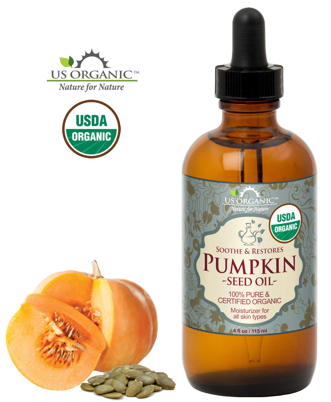 US Organic Pumpkin Seed Oil, USDA Certified Organic,100% Pure & Natural, Cold Pressed Virgin, Unrefined in Amber Glass Bottle w/ Glass Eyedropper for Easy Application (Large (4 oz, 115 ml))