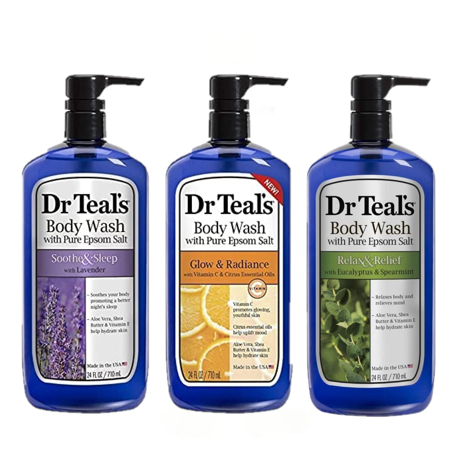 Dr Teal's Body Wash Variety Gift Set (3 Bottles, 24 oz ea) - Soothe & Sleep, Glow & Radiance, and Relax & Relief - Lavender, Citrus, & Eucalyptus Scents - Essential Oils & Epsom Salts for Relaxation
