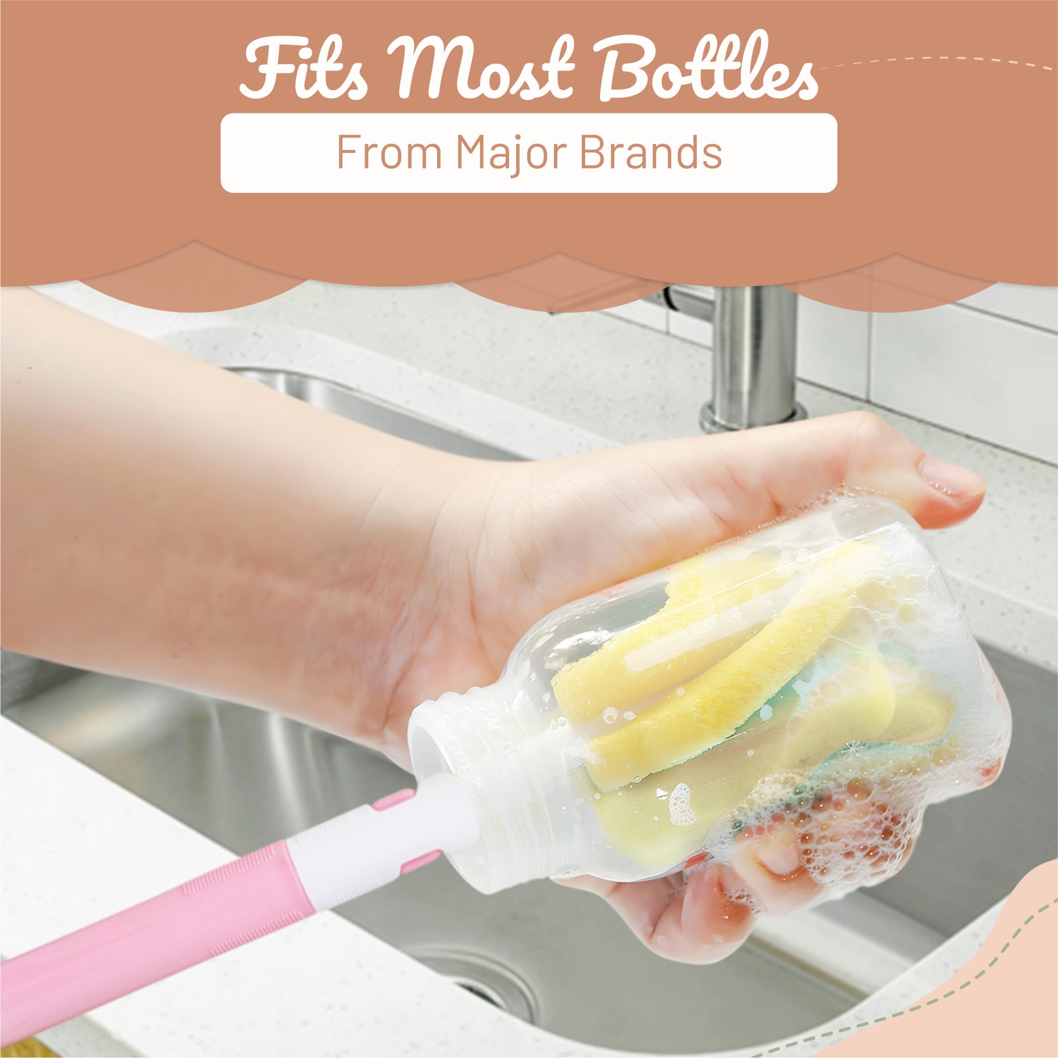 MoomooBaby Triple Baby Bottle Cleaner Brush Set - Includes Baby Bottle Brush Cleaner, Nipple Brush & Straw Cleaning Brush - Eco-Conscious Plastic Handle with Non-Slip Grip, Replaceable Sponges - Green