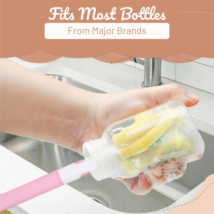 MoomooBaby Triple Baby Bottle Cleaner Brush Set - Includes Baby Bottle Brush Cleaner, Nipple Brush & Straw Cleaning Brush - Eco-Conscious Plastic Handle with Non-Slip Grip, Replaceable Sponges - Green