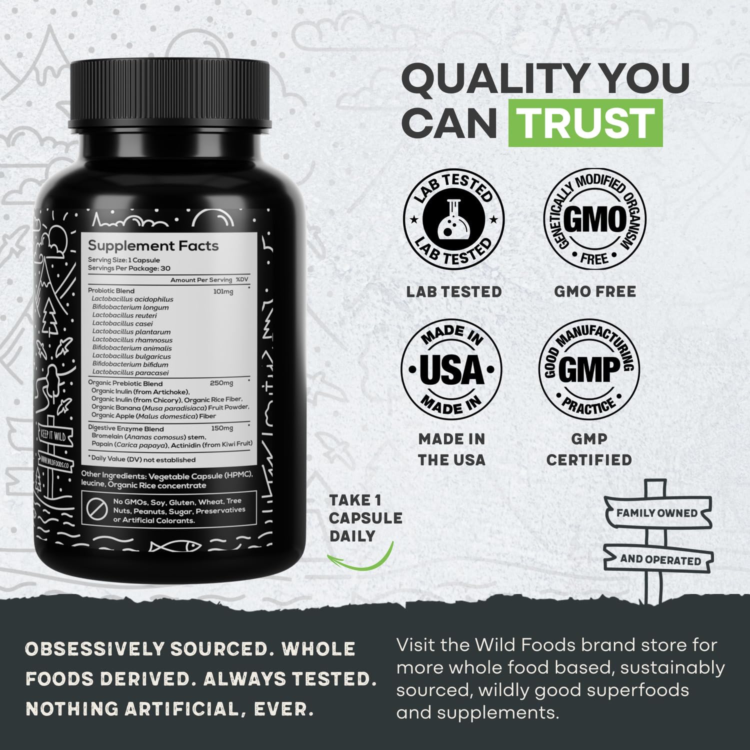 Wild Prebiotics and Probiotics with Digestive Enzymes | 20 Billion CFU - 10 Strains for Women & Men | Support Gut Health & Digestion Supplements | Non-GMO Prebiotic Fiber | 30 Capsules