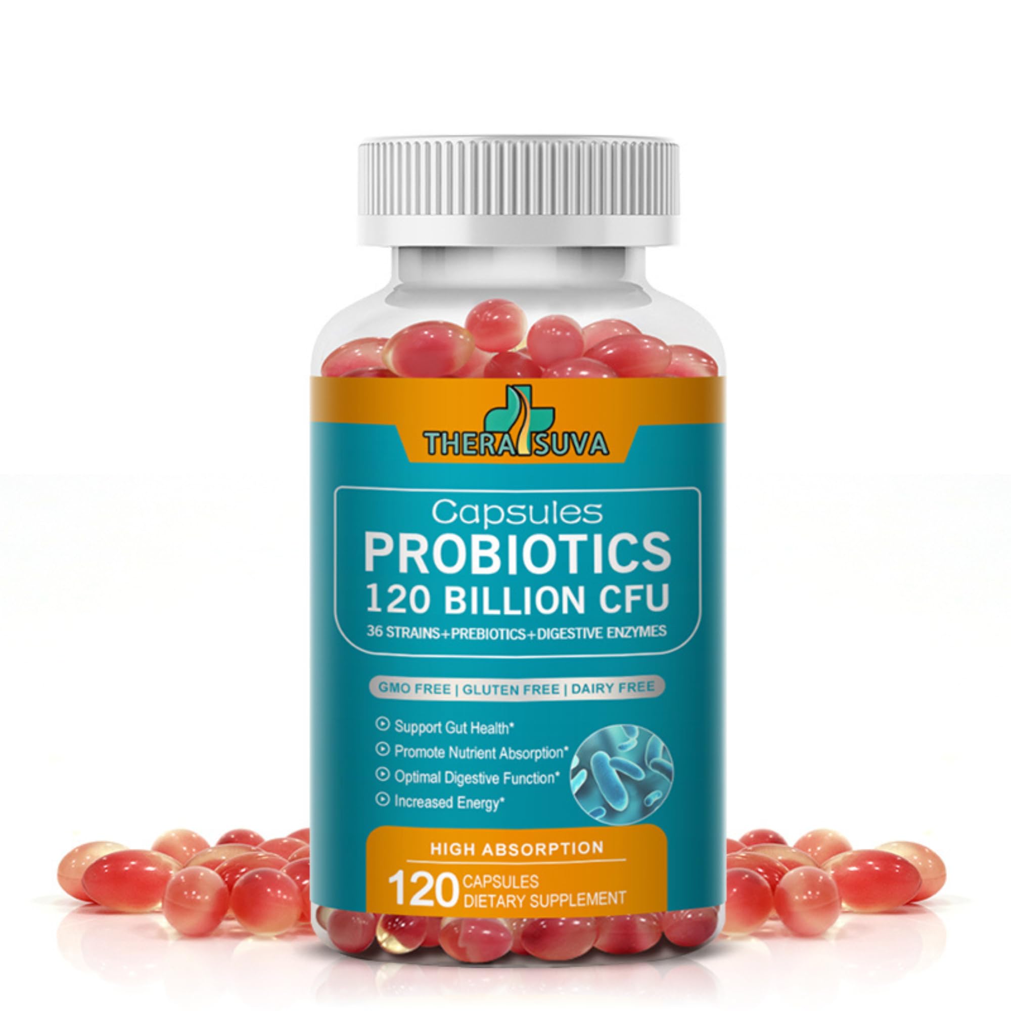 TheraSuva Probiotics 120 Billion CFU-36 Strains + Organic Prebiotics + Digestive Enzyme + Natural Whole Food Supplement for Ultimate Gut Health Support- 120 Softgels 60 Day Supply