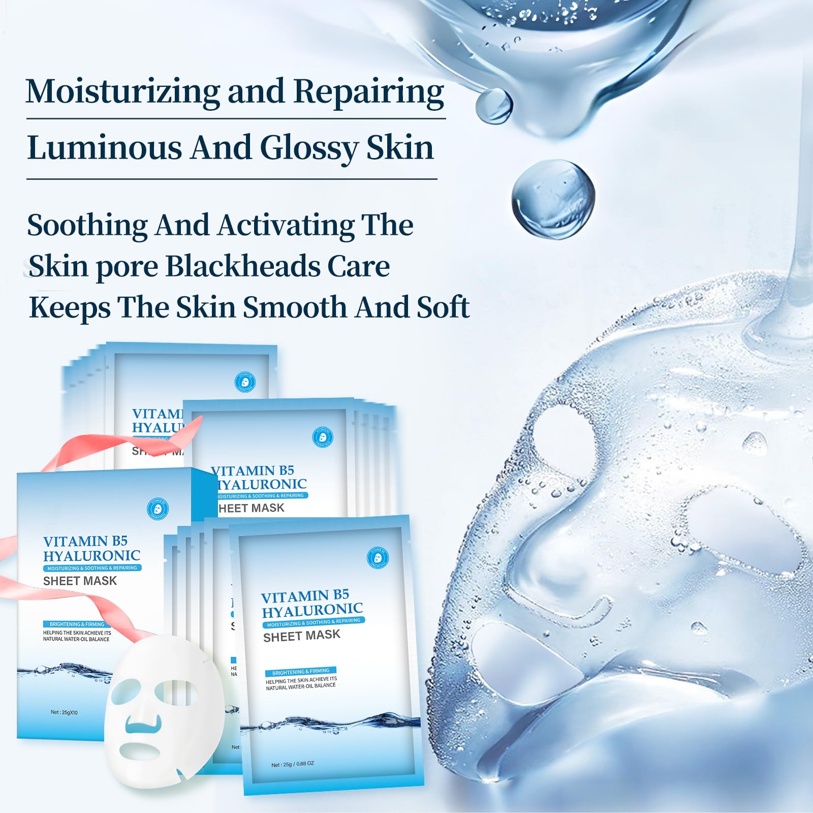 Moisturizing Face Mask Hydrating Face Mask Skin Care Facial Masks Sheets Hyaluronic Acid Sheet Pack With Vitamin B5 Sheet Masks for Women Face Masks Beauty Sheet Masks Hydration Gifts 10 Packs