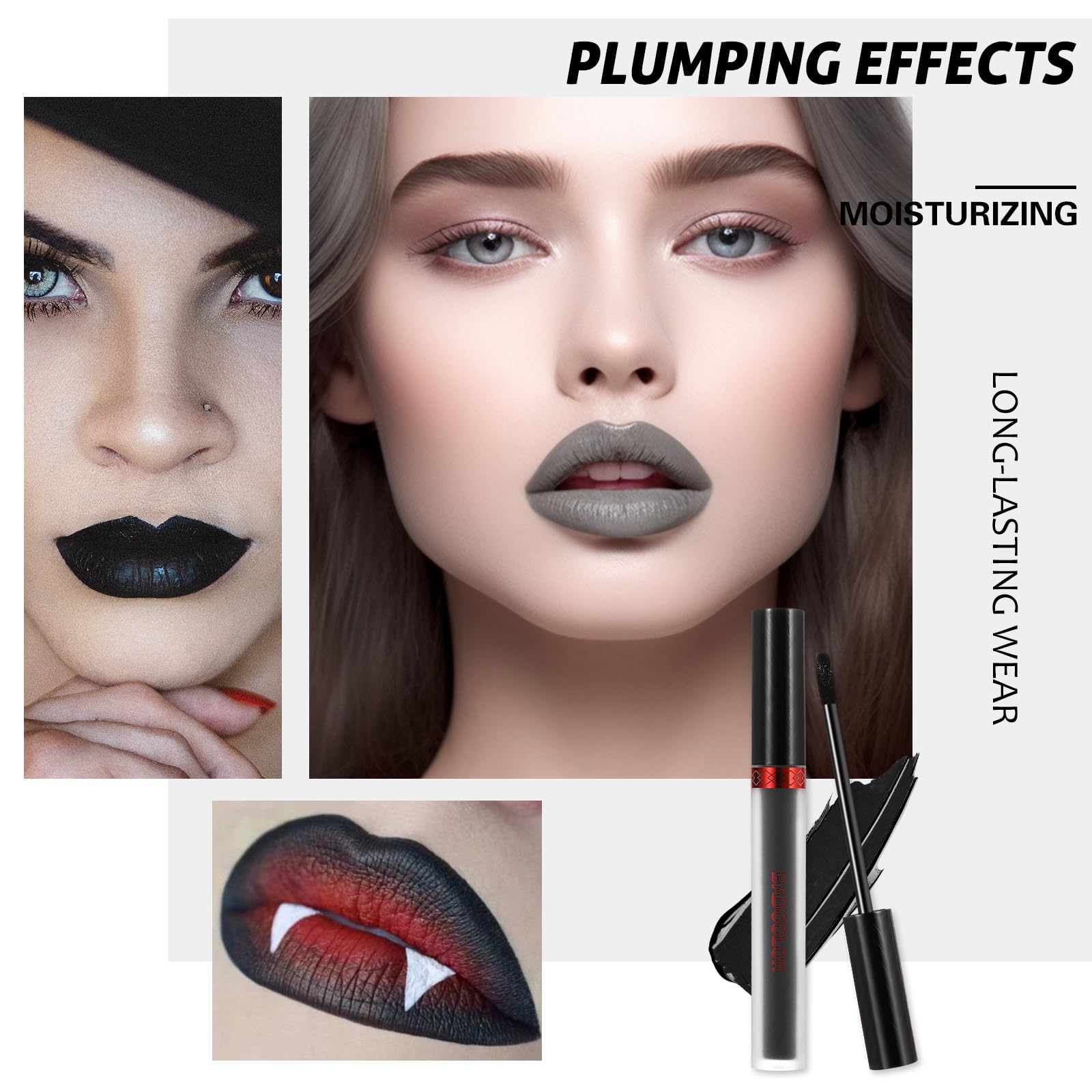 BADCOLOR 3 Colors Matte Liquid Lipstick Set, Black White Grey Halloween Makeup Lip Stain, Highly Pigmented Smudge Proof Waterproof Velvet Lip Gloss Set