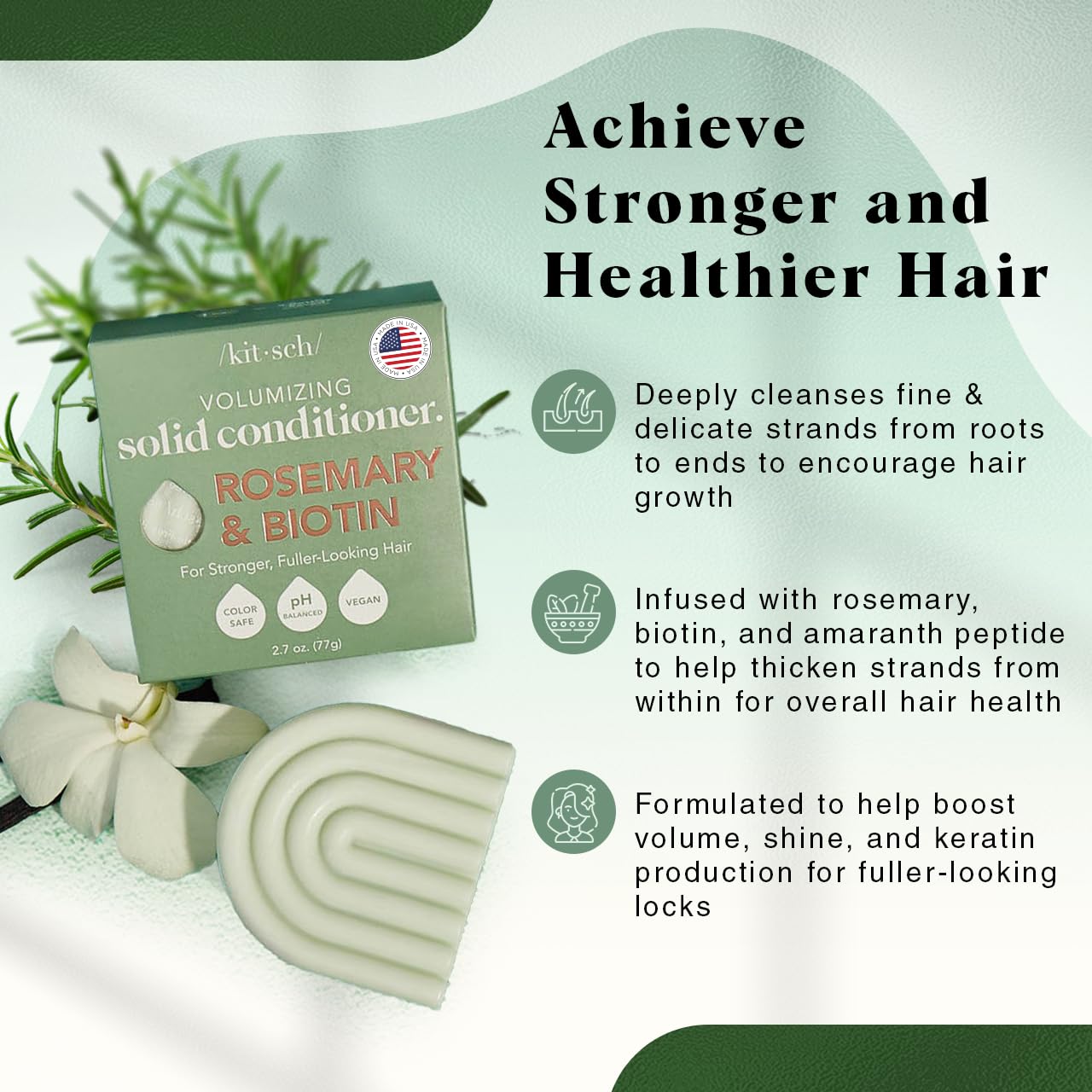 Kitsch Rosemary & Biotin Natural Hair Conditioner Bar, Organic, Vegan, Volumizing, Hydrating & Cleansing Conditioner for Curly or Straight Hair, Plastic, Paraben & Sulfate Free, Eco Friendly, 2.7 oz