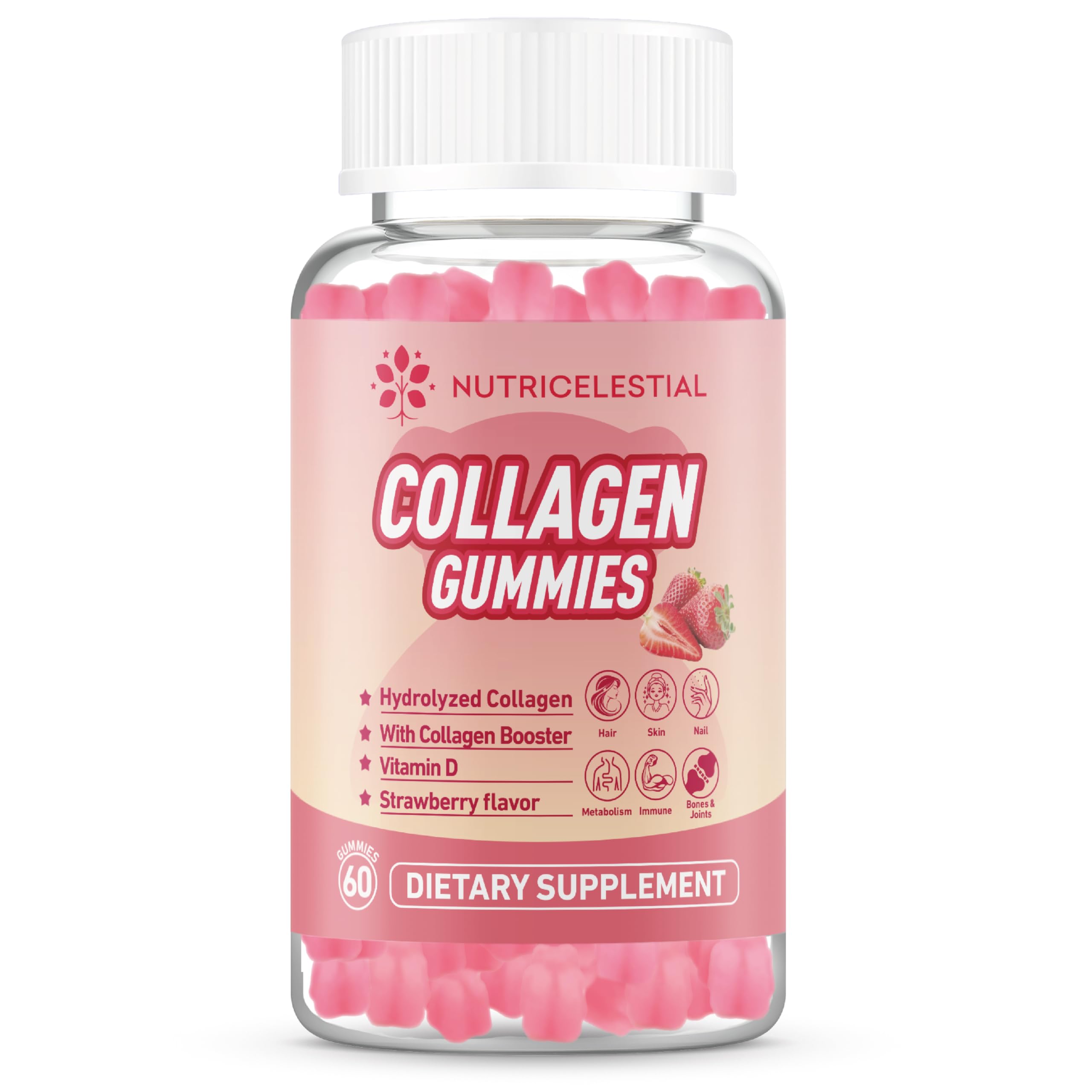 NUTRICELESTIAL Collagen Gummies - Hydrolyzed Collagen with Vitamin D & Biotin, 60 Strawberry Gummies, May Support Skin, Hair, Nails, Immune & Joint Health - Non-GMO, Gluten & Dairy-Free