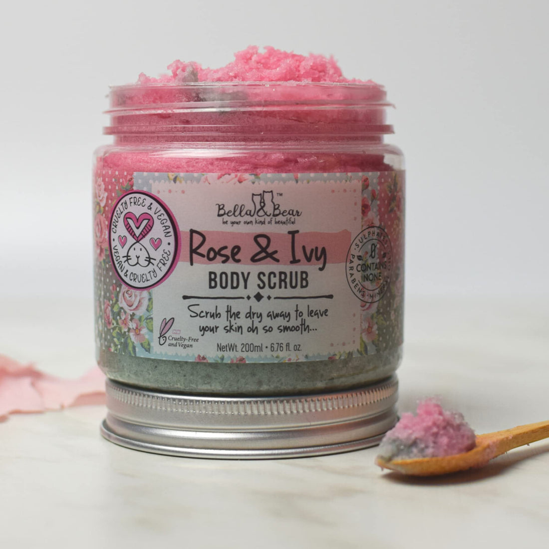 Bella & Bear Rose & Ivy Body Scrub - Vegan & Cruelty-Free Oil-Free Exfoliator | Polish Your Skin to Perfection | 6.7oz of Floral Bliss for All Women