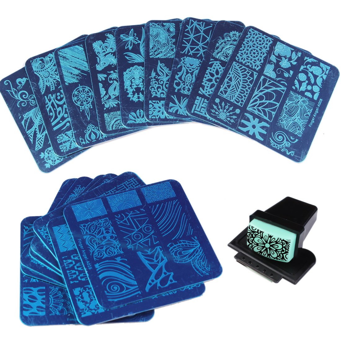 Finger Angel 20 Pcs Different Design Nail Art Stamping Plates + 1 Pcs Square Green Rubber Stamper DIY Nail Art Image Stamp Plates Manicure Template Nail Art Tools