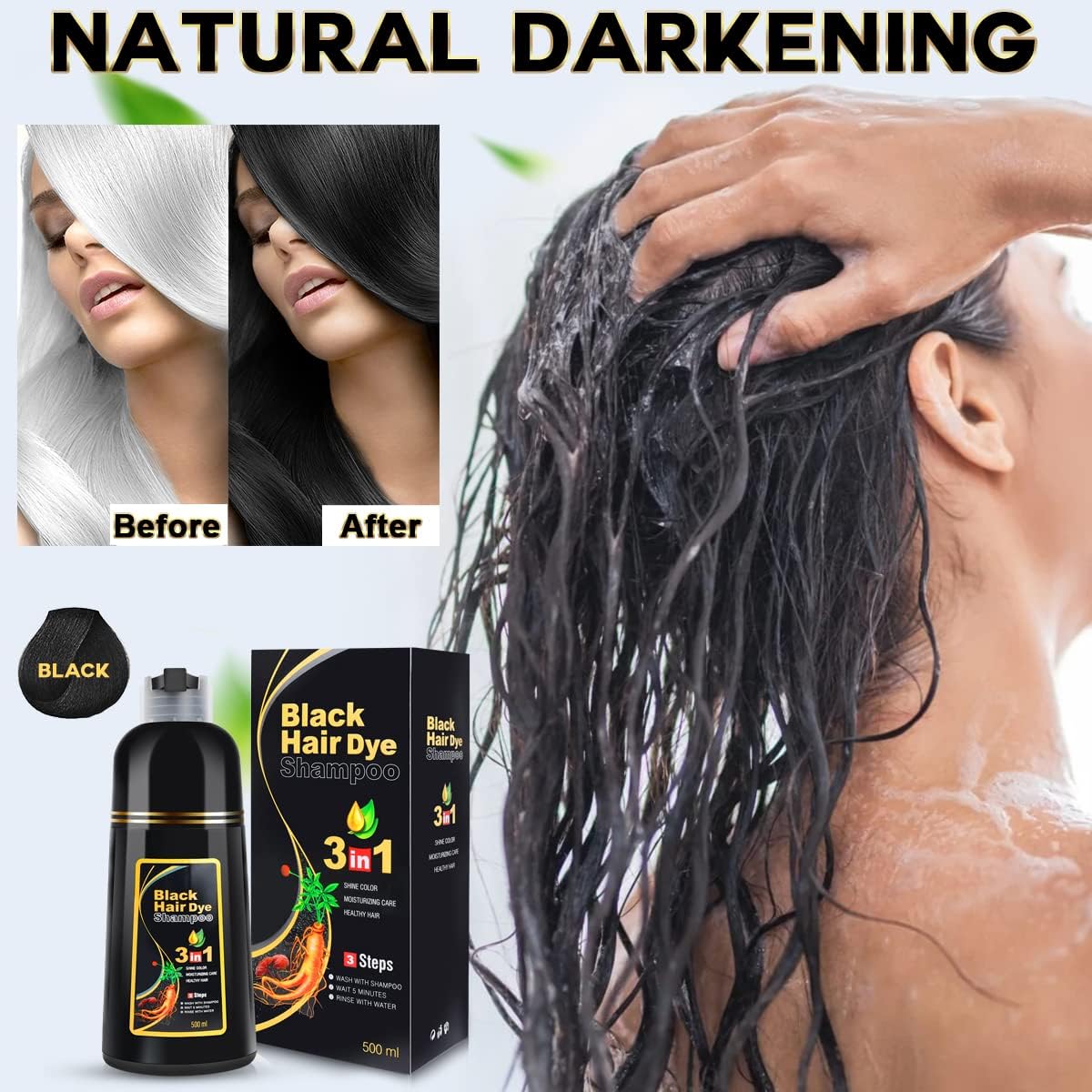 cosmpro Black Hair Dye Shampoo 3 in 1 for Women/Men for Gray Coverage Instant Hair Color Shampoo Natural Herbal Semi Permanent Champu Para Cana