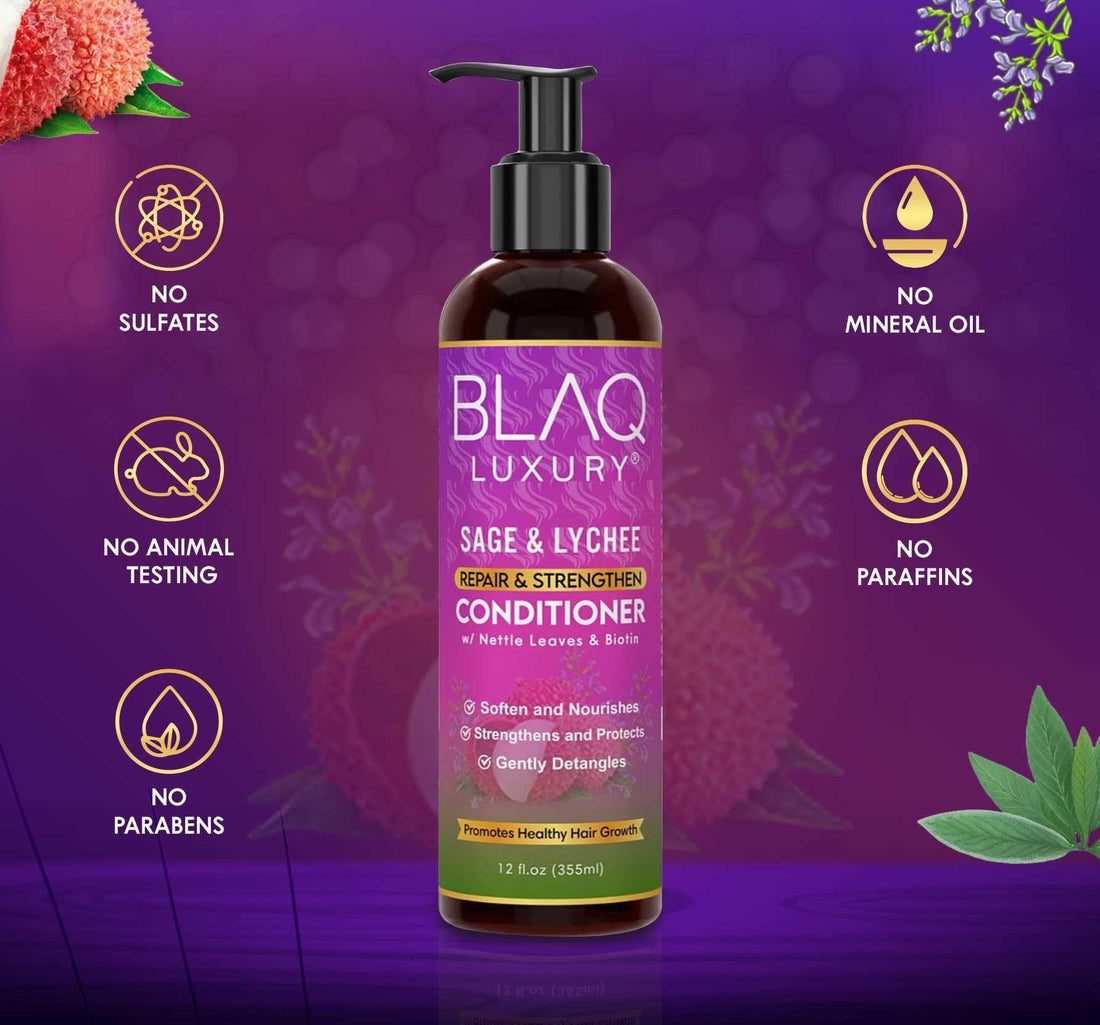 Blaq Luxury Sage and Lychee Repair & Strength Conditioner - Nourishing Formula for Strong, Healthy Hair - Infused with Biotin & Nettle Leaves - Promotes Hair Repair, Growth, and Manageability – 12oz