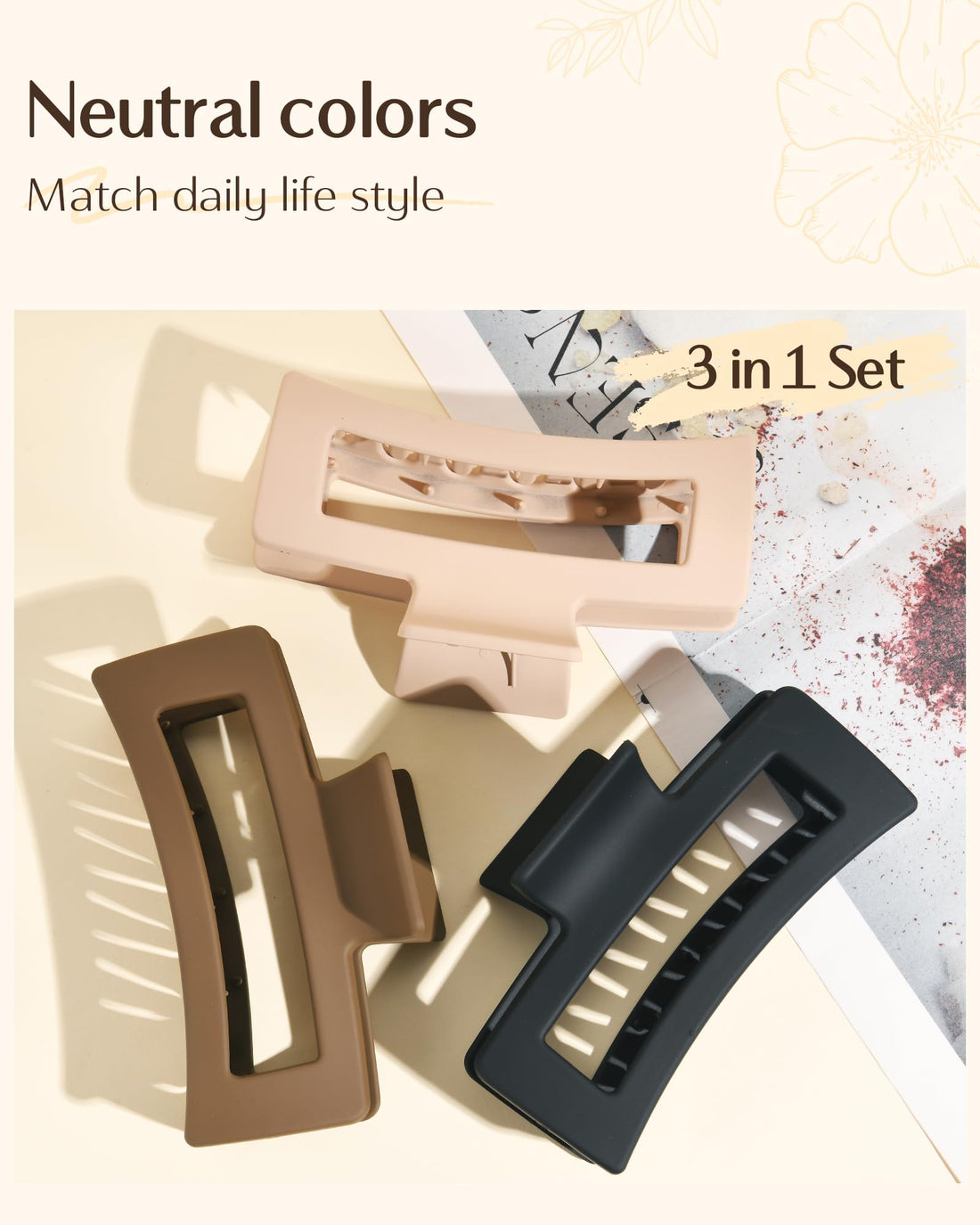 Yanibest 3 Pack Hair Clips for Women 5.1 Inch Large Claw Clips for Women Thick Curly Hair, Big Matte Banana Strong Hold Jaw Clips